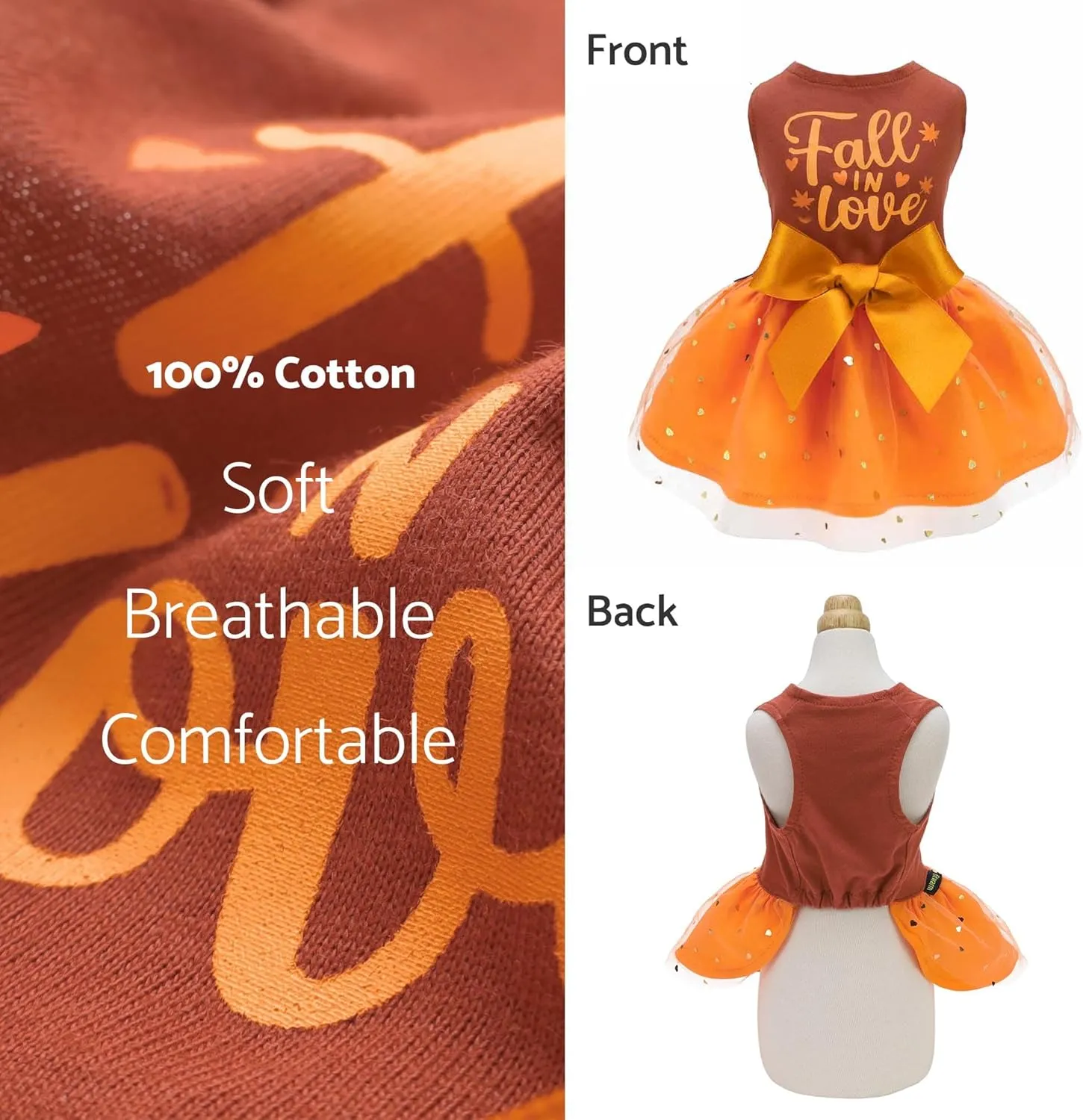 Fitwarm Thanksgiving Fall in Love Dog Dress, Sparkly Dog Clothes for Small Dogs Girl, Holiday Pet Tutu Dress, Cat Outfit, Brown, Orange, Medium