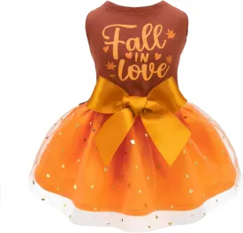 Fitwarm Thanksgiving Fall in Love Dog Dress, Sparkly Dog Clothes for Small Dogs Girl, Holiday Pet Tutu Dress, Cat Outfit, Brown, Orange, Medium
