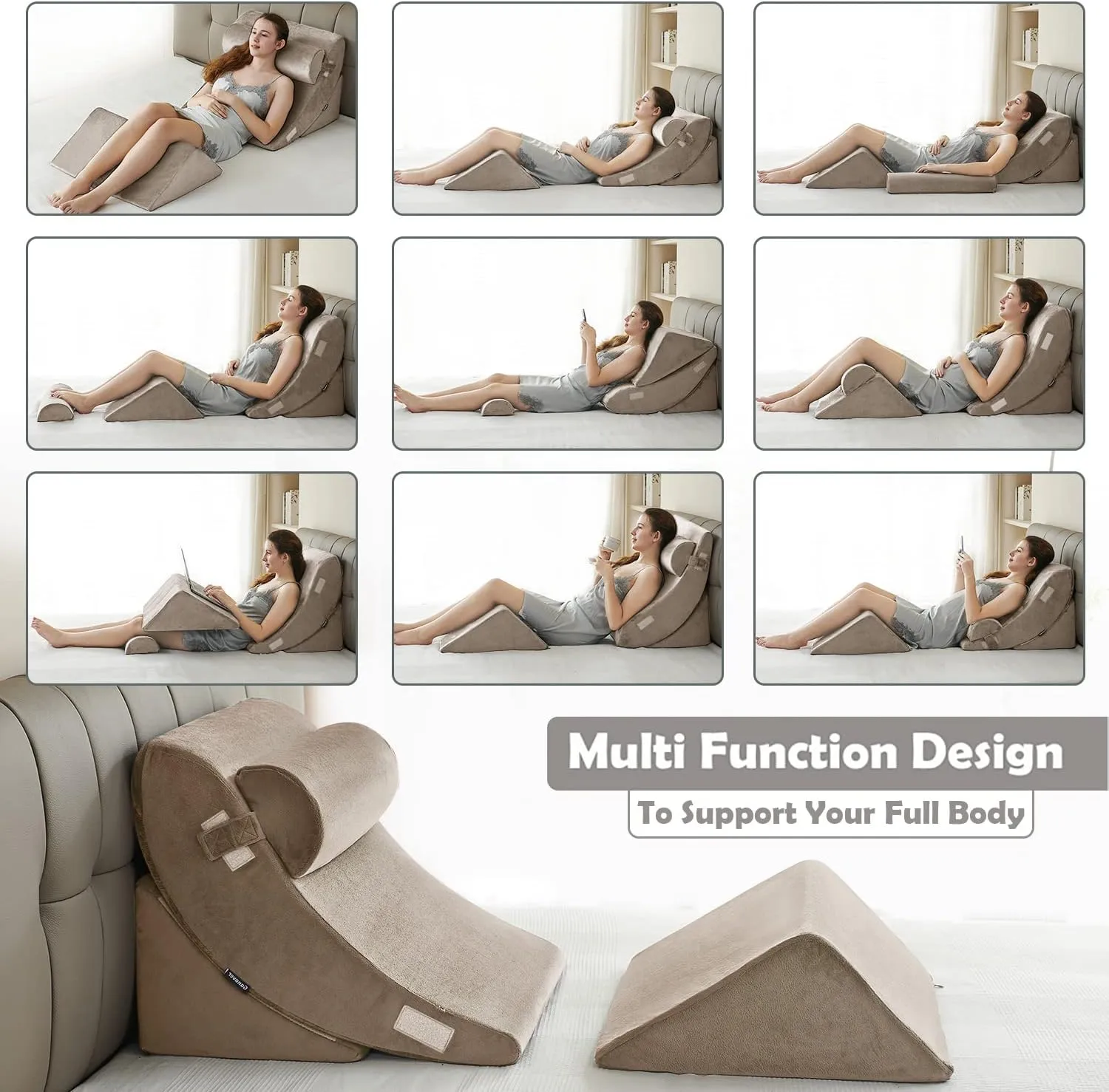 Ganaver 4 Pcs Orthopedic Bed Wedge Pillow Set  Post Surgery, Relaxing, Back & Adjustable Head Support Cushion  Triangle Memory Foam Pillow for Acid Reflux, Sleeping, Reading (Light Brown)