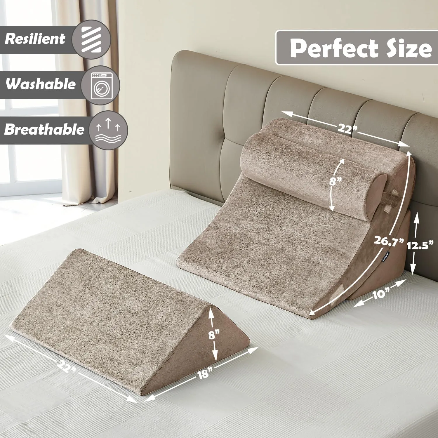 Ganaver 4 Pcs Orthopedic Bed Wedge Pillow Set  Post Surgery, Relaxing, Back & Adjustable Head Support Cushion  Triangle Memory Foam Pillow for Acid Reflux, Sleeping, Reading (Light Brown)
