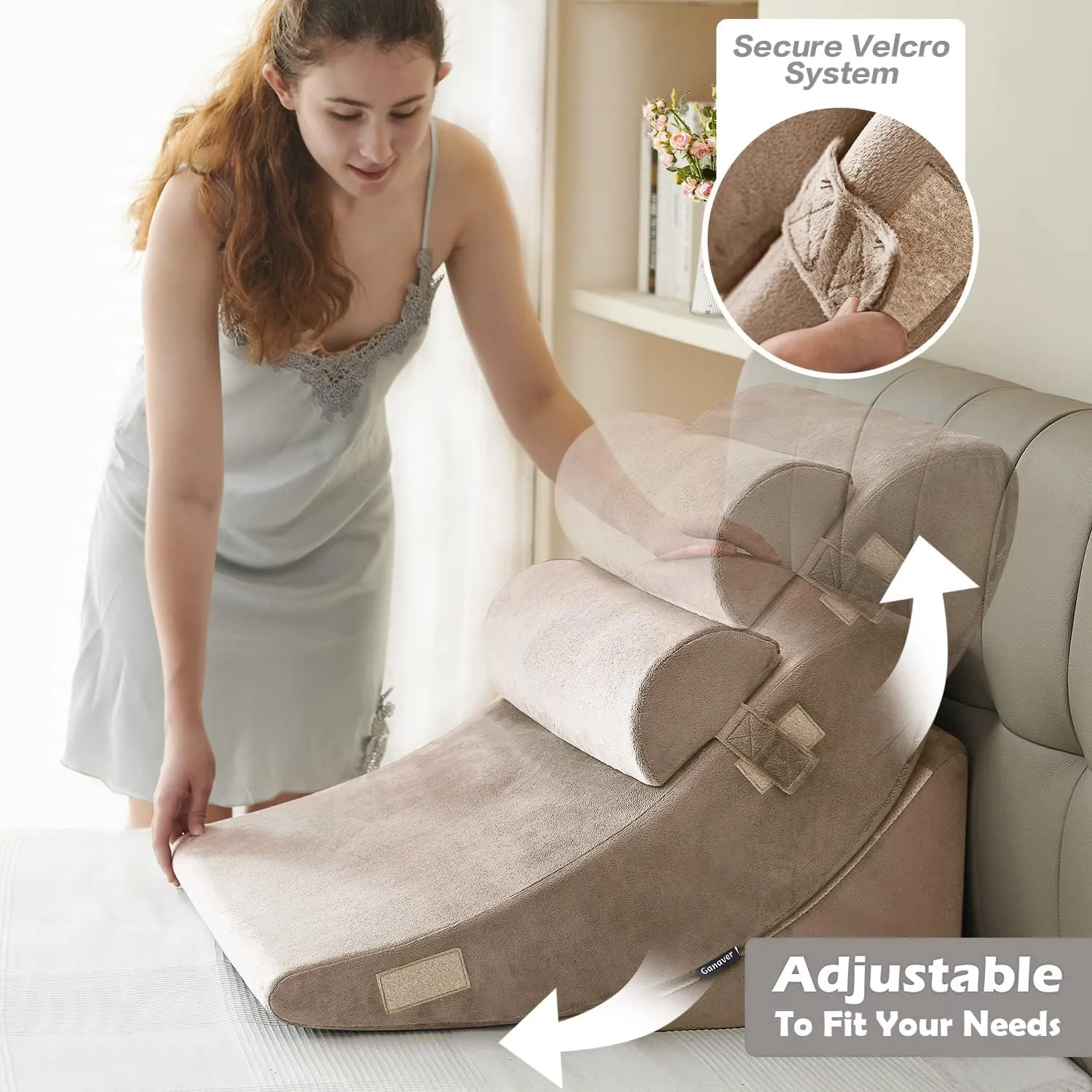 Ganaver 4 Pcs Orthopedic Bed Wedge Pillow Set  Post Surgery, Relaxing, Back & Adjustable Head Support Cushion  Triangle Memory Foam Pillow for Acid Reflux, Sleeping, Reading (Light Brown)