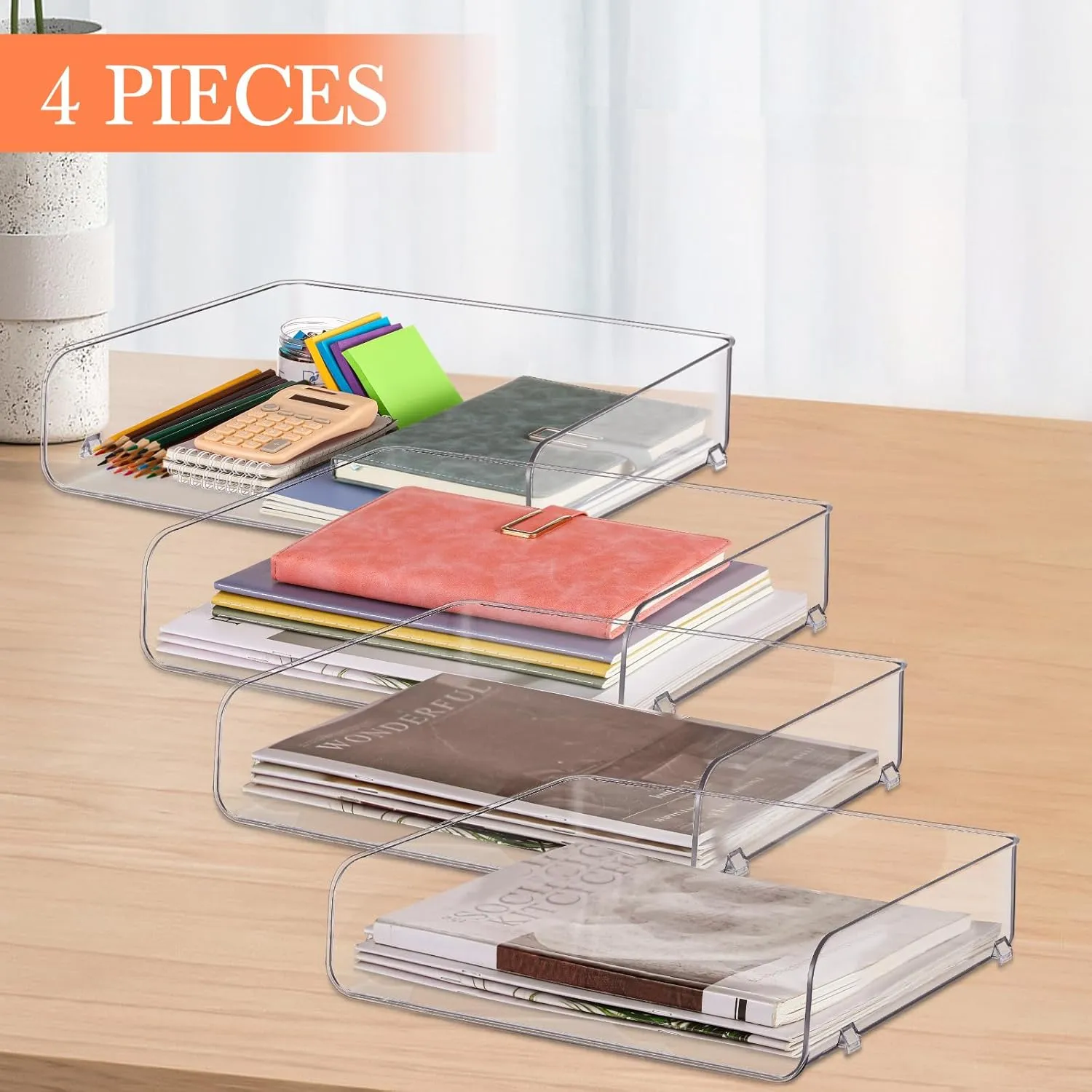 Geelin 4 Layers Stackable Paper Organizer, 12.80x9.84x2.95 Inch Clear PET Desk Organizer Letter Tray Accessories for Office, Classroom, Home Essentials