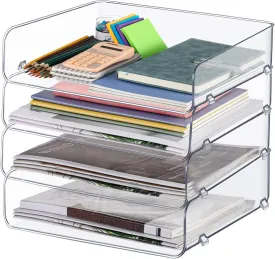 Geelin 4 Layers Stackable Paper Organizer, 12.80x9.84x2.95 Inch Clear PET Desk Organizer Letter Tray Accessories for Office, Classroom, Home Essentials