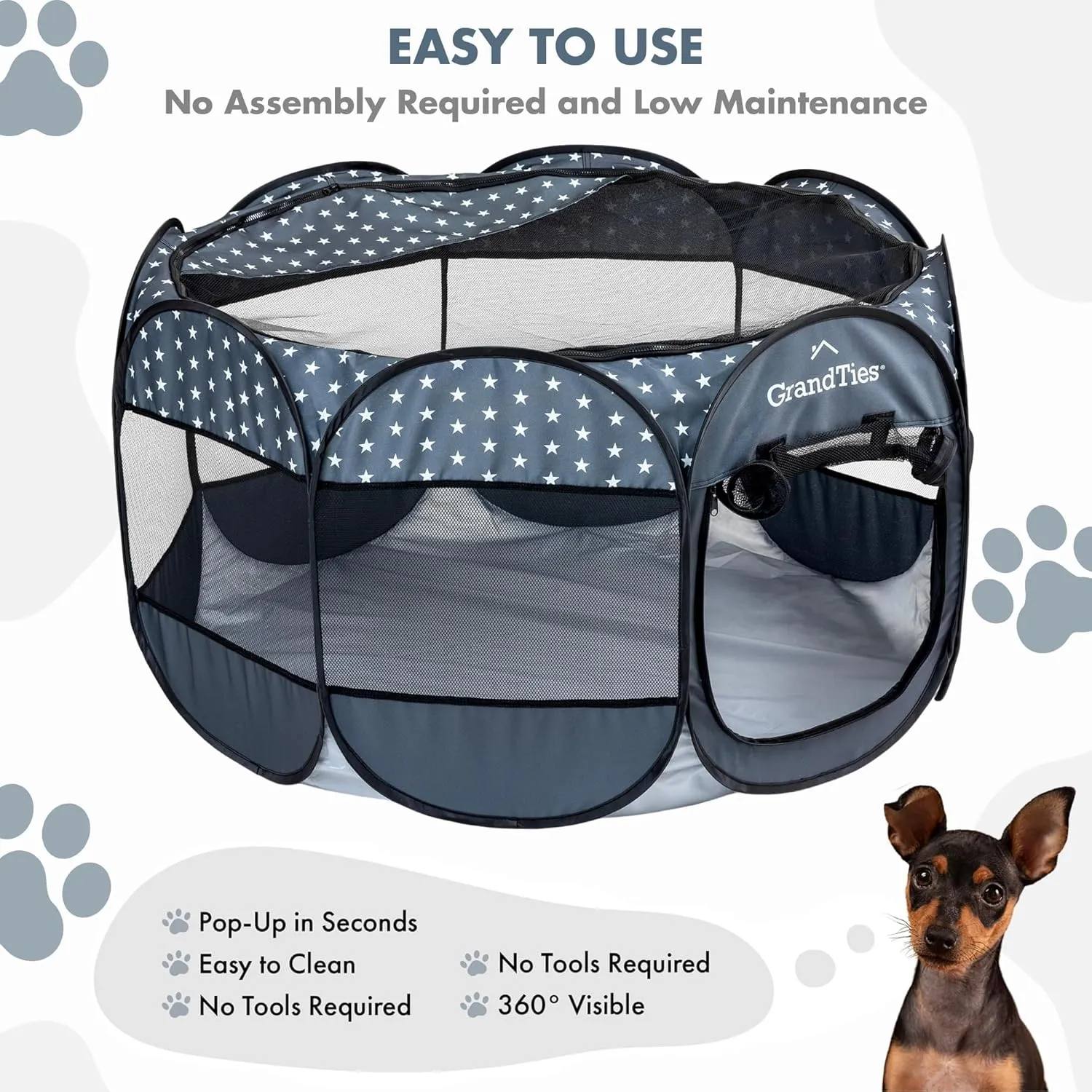 GrandTies Waterproof Dog & Cat Playpen  Foldable Pet Tent for Indoor & Outdoor, Pop-Up Kennel for Puppies, Kittens & Rabbits  Portable Travel Crate with Carrying Case (Starry Night, Large)