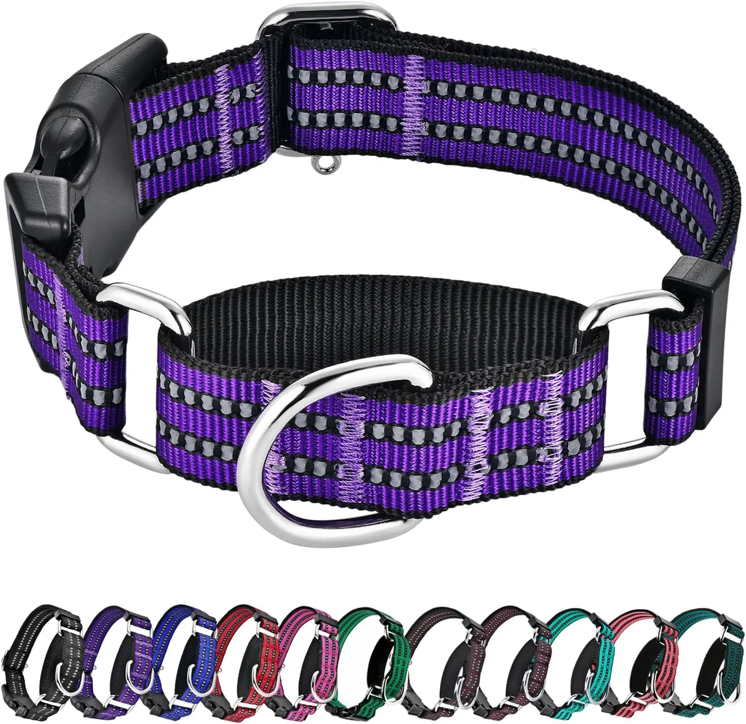 Hikiko Martingale Collar for Dogs Reflective Nylon Dog Collar with Quick Release Buckle Adjustable Training No Slip Dog Collars (Medium, Purple)