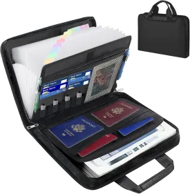 Important Document Organizer with Handle, Fireproof Accordion File Organizer with Zipper & Labels, 12 Pockets Expanding File Folder for Letter A4 Files, Accordion Folder for Document Storage (Black)