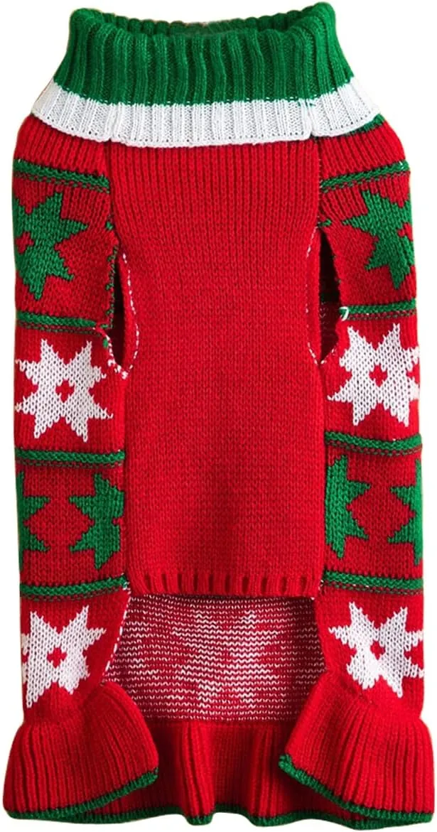 Jecikelon Pet Dog Sweaters for Small Dogs Dress with Snow Knitwear Turtleneck Pullover Dog Clothes Warm Winter Puppy Sweater Long Dresses (Red, Small)