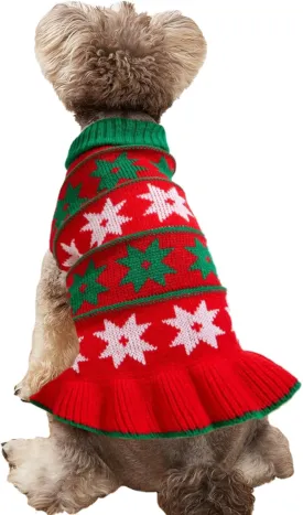 Jecikelon Pet Dog Sweaters for Small Dogs Dress with Snow Knitwear Turtleneck Pullover Dog Clothes Warm Winter Puppy Sweater Long Dresses (Red, Small)