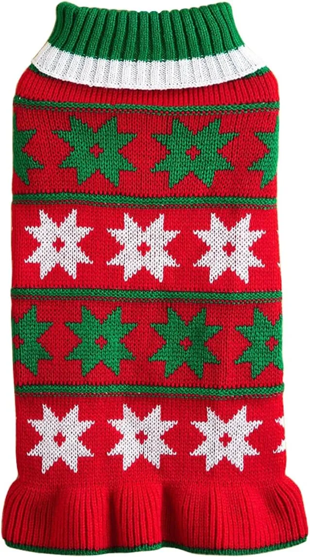 Jecikelon Pet Dog Sweaters for Small Dogs Dress with Snow Knitwear Turtleneck Pullover Dog Clothes Warm Winter Puppy Sweater Long Dresses (Red, Small)