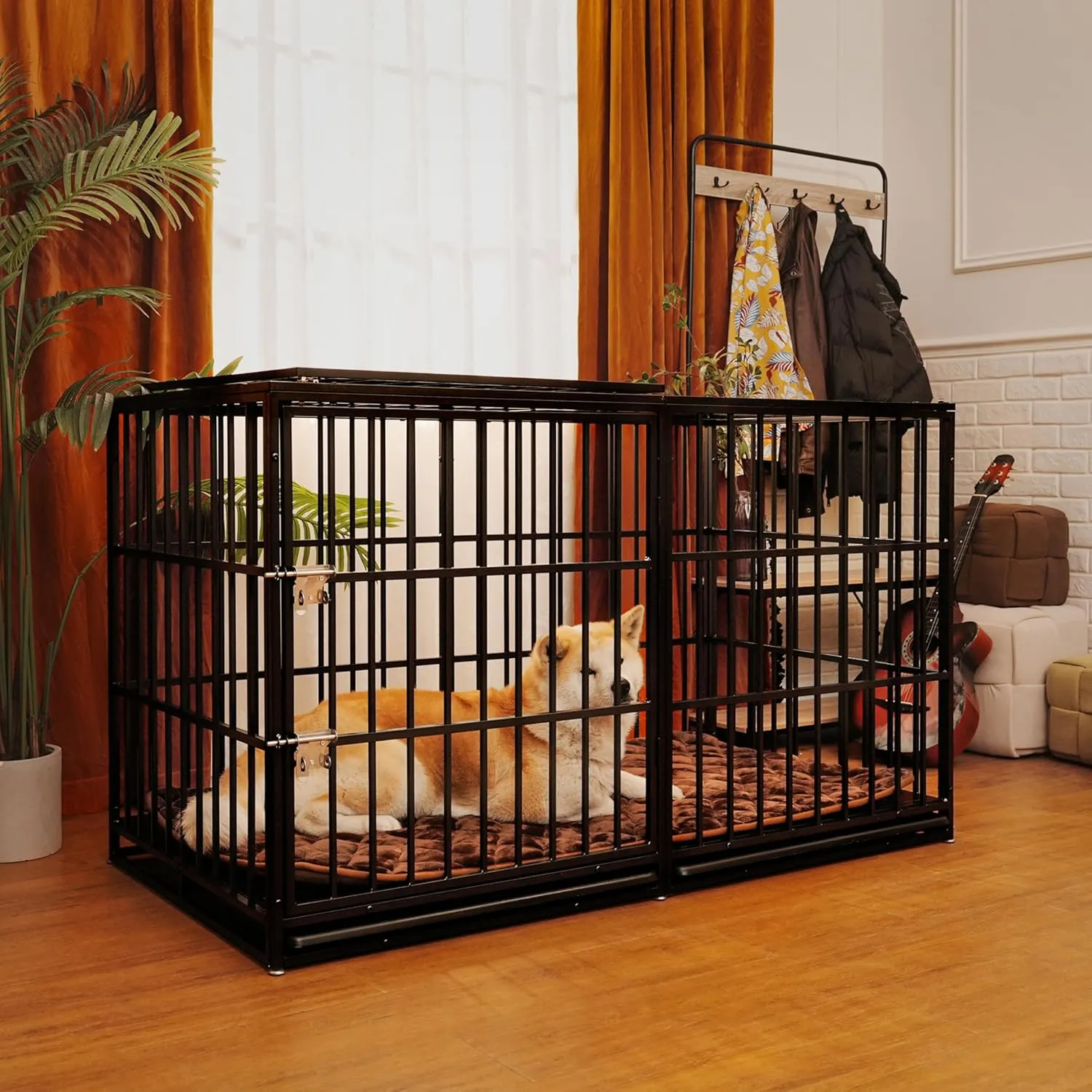 kejector 61 Inch Heavy Duty Dog Crates,Large Dog Crate Indestructible Steel Escape Proof Kennel, Indoor Double Door High Anxiety Cage, Without Wheels,Removable Tray XXXL