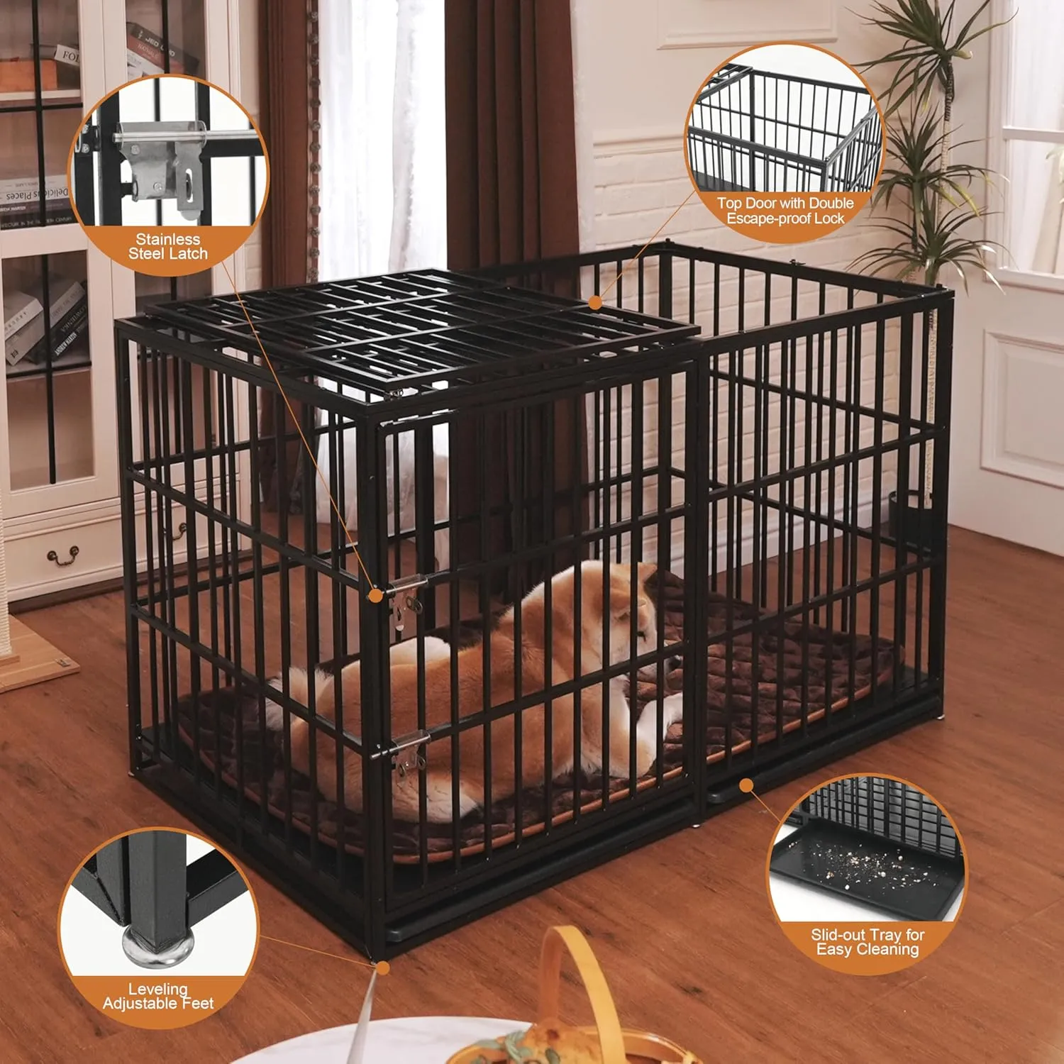 kejector 61 Inch Heavy Duty Dog Crates,Large Dog Crate Indestructible Steel Escape Proof Kennel, Indoor Double Door High Anxiety Cage, Without Wheels,Removable Tray XXXL