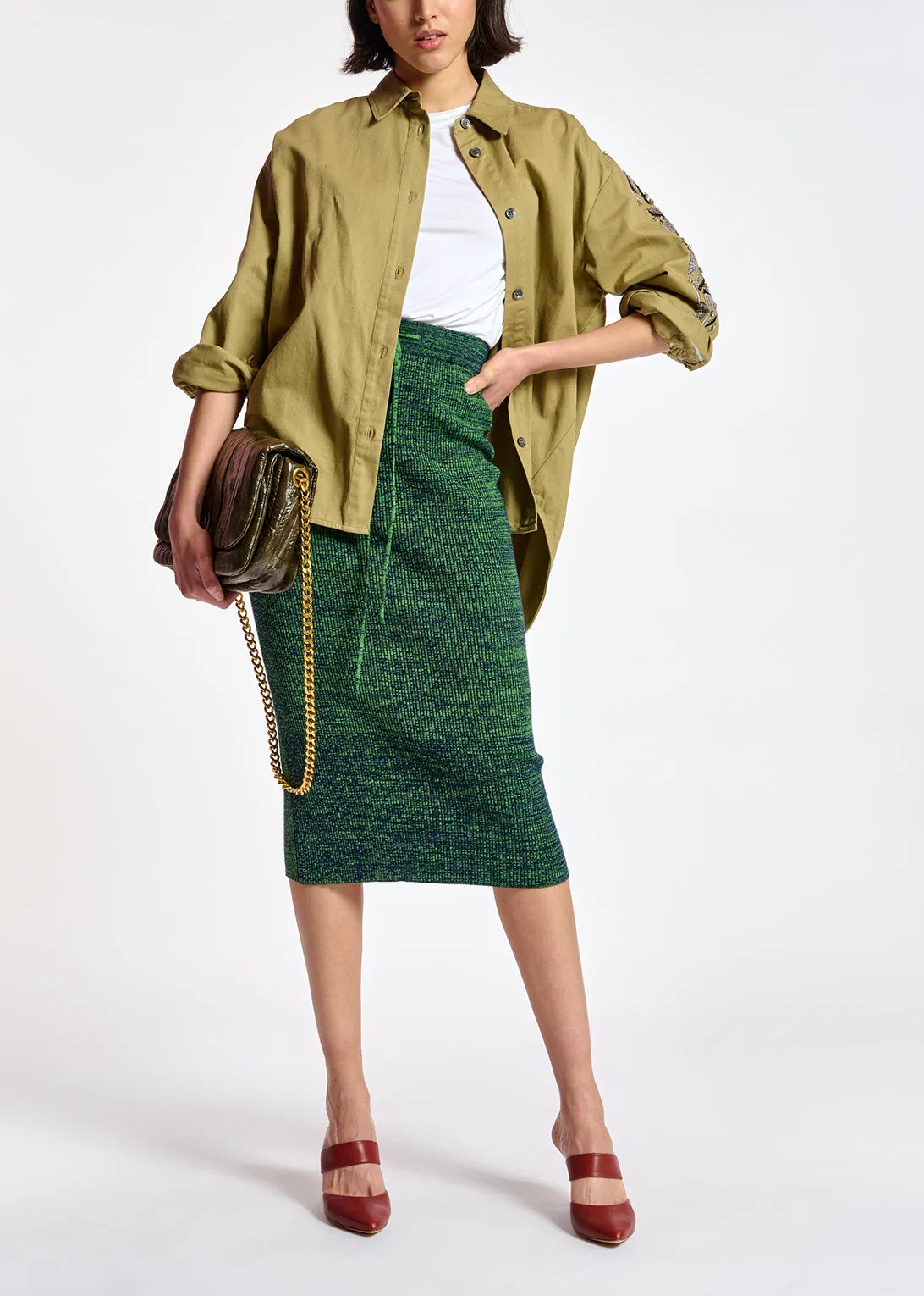 Khaki cotton shirt with bead embroidery