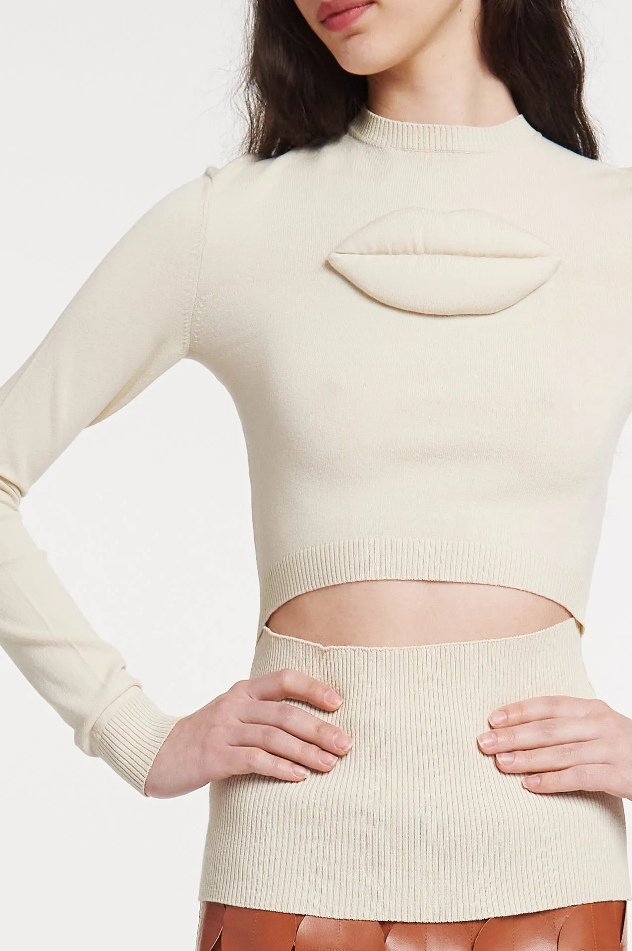 Knit Top Front Waist Line Cutout Lip Appliqué Ivory