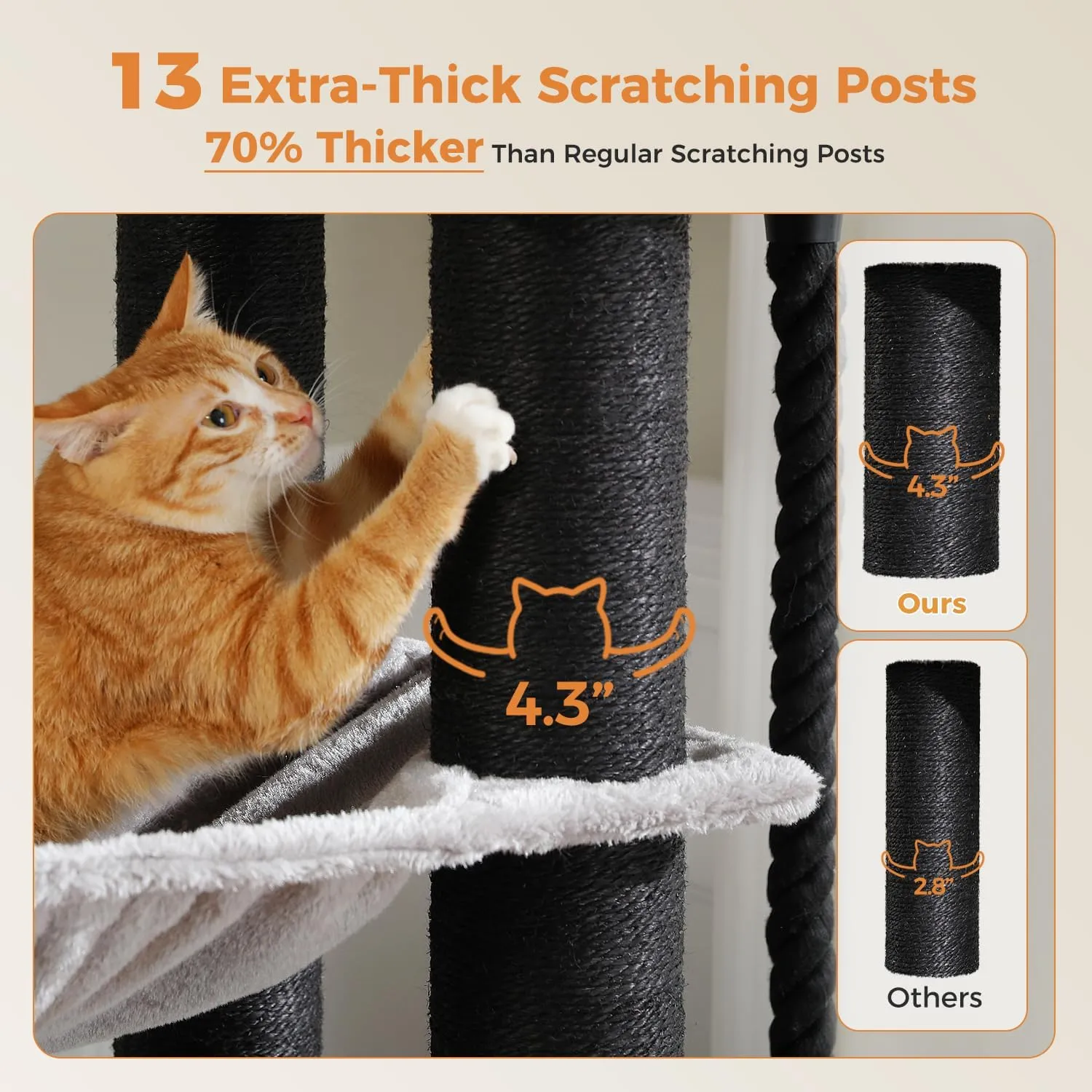 Large Cat Tree-67in Tall Cat Tower for Indoor Cats Large Adult with 13 Thick Black Scratching Posts (4.3in), Multi- Level Cat Condo, Super Big Perch & Hammocks for Maine Coon 20 lbs -Gray