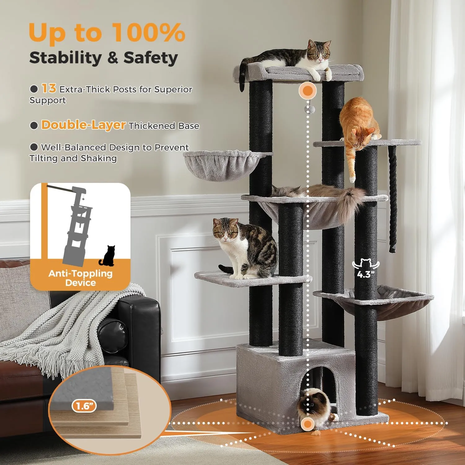 Large Cat Tree-67in Tall Cat Tower for Indoor Cats Large Adult with 13 Thick Black Scratching Posts (4.3in), Multi- Level Cat Condo, Super Big Perch & Hammocks for Maine Coon 20 lbs -Gray