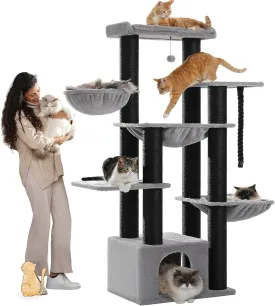 Large Cat Tree-67in Tall Cat Tower for Indoor Cats Large Adult with 13 Thick Black Scratching Posts (4.3in), Multi- Level Cat Condo, Super Big Perch & Hammocks for Maine Coon 20 lbs -Gray