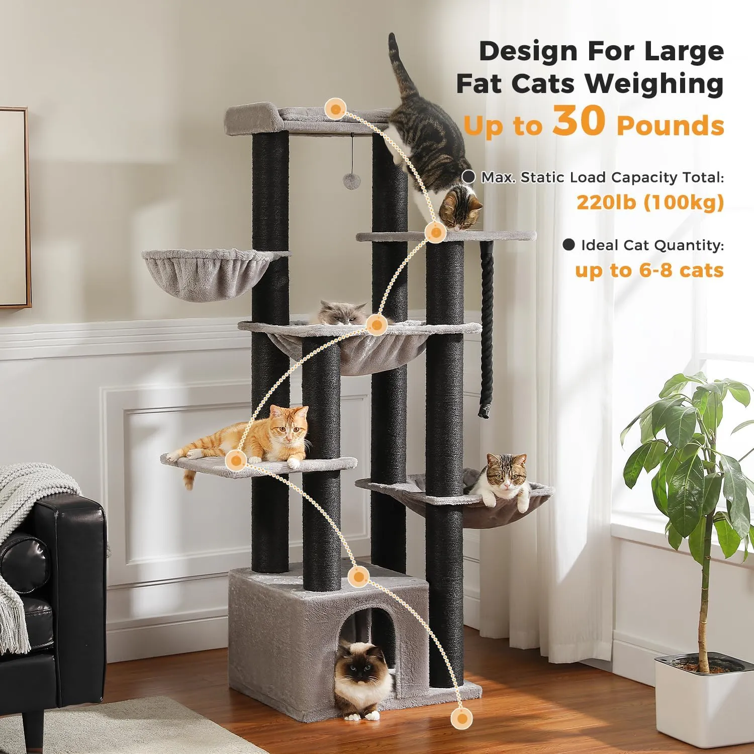 Large Cat Tree-67in Tall Cat Tower for Indoor Cats Large Adult with 13 Thick Black Scratching Posts (4.3in), Multi- Level Cat Condo, Super Big Perch & Hammocks for Maine Coon 20 lbs -Gray
