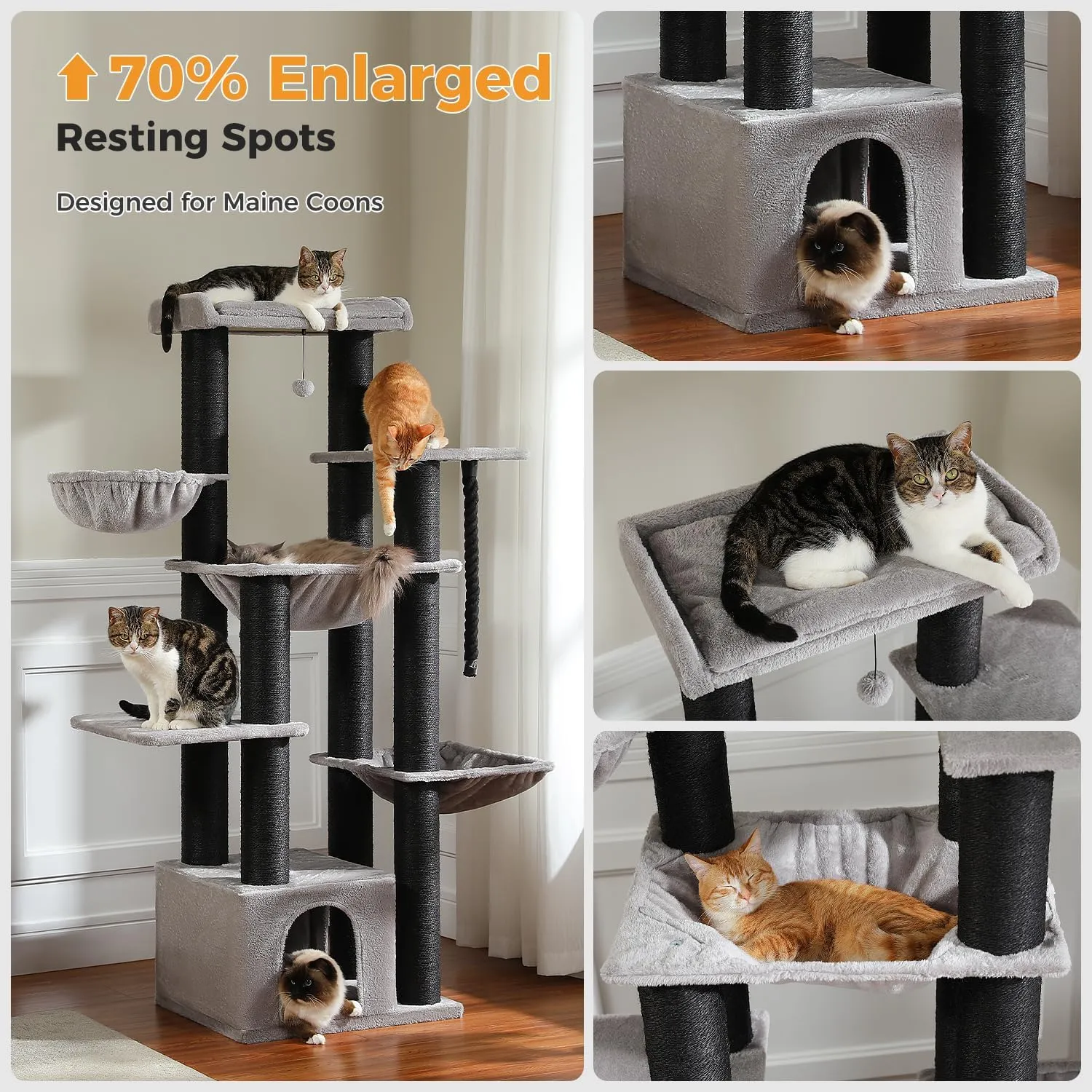 Large Cat Tree-67in Tall Cat Tower for Indoor Cats Large Adult with 13 Thick Black Scratching Posts (4.3in), Multi- Level Cat Condo, Super Big Perch & Hammocks for Maine Coon 20 lbs -Gray