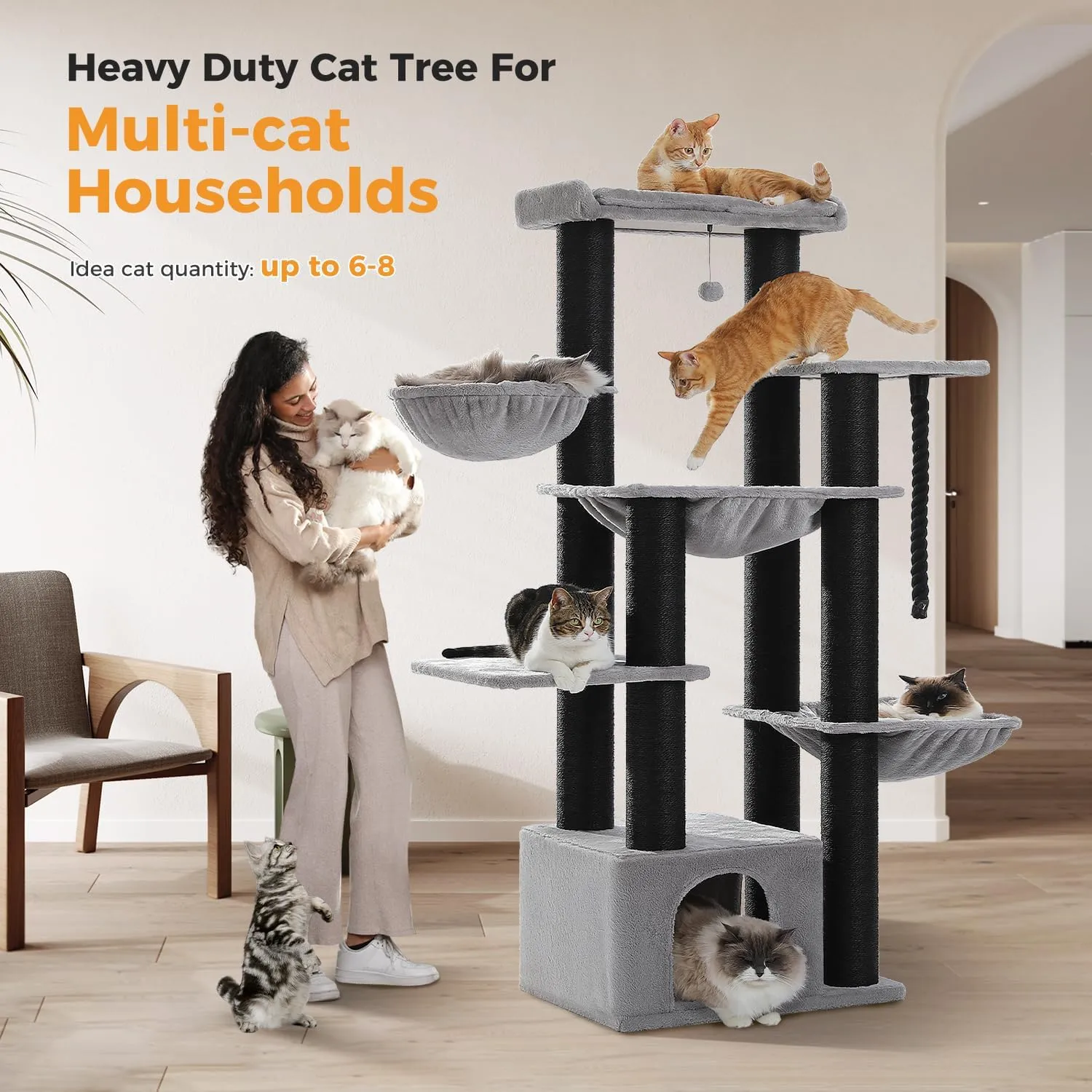 Large Cat Tree-67in Tall Cat Tower for Indoor Cats Large Adult with 13 Thick Black Scratching Posts (4.3in), Multi- Level Cat Condo, Super Big Perch & Hammocks for Maine Coon 20 lbs -Gray