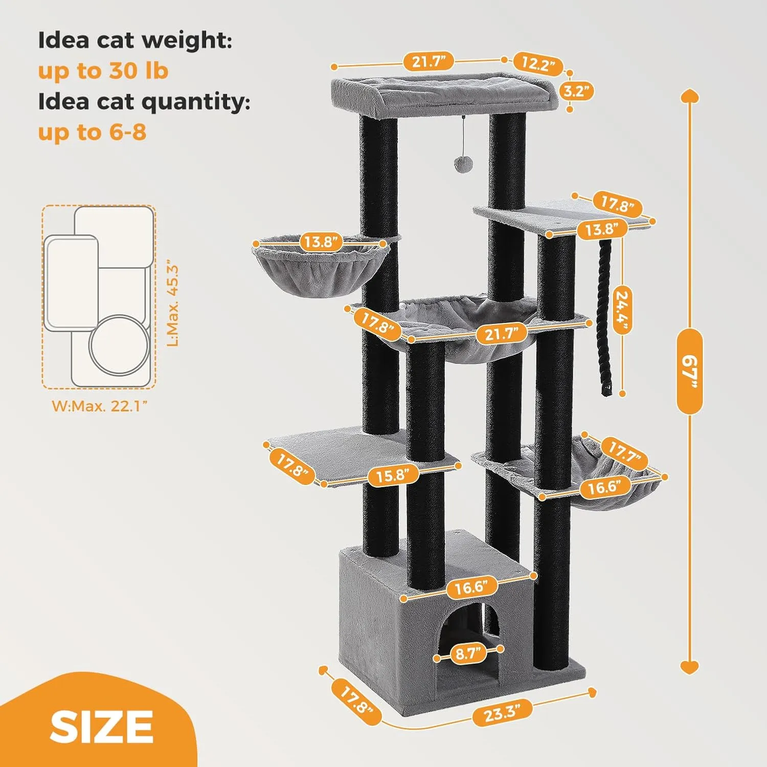 Large Cat Tree-67in Tall Cat Tower for Indoor Cats Large Adult with 13 Thick Black Scratching Posts (4.3in), Multi- Level Cat Condo, Super Big Perch & Hammocks for Maine Coon 20 lbs -Gray