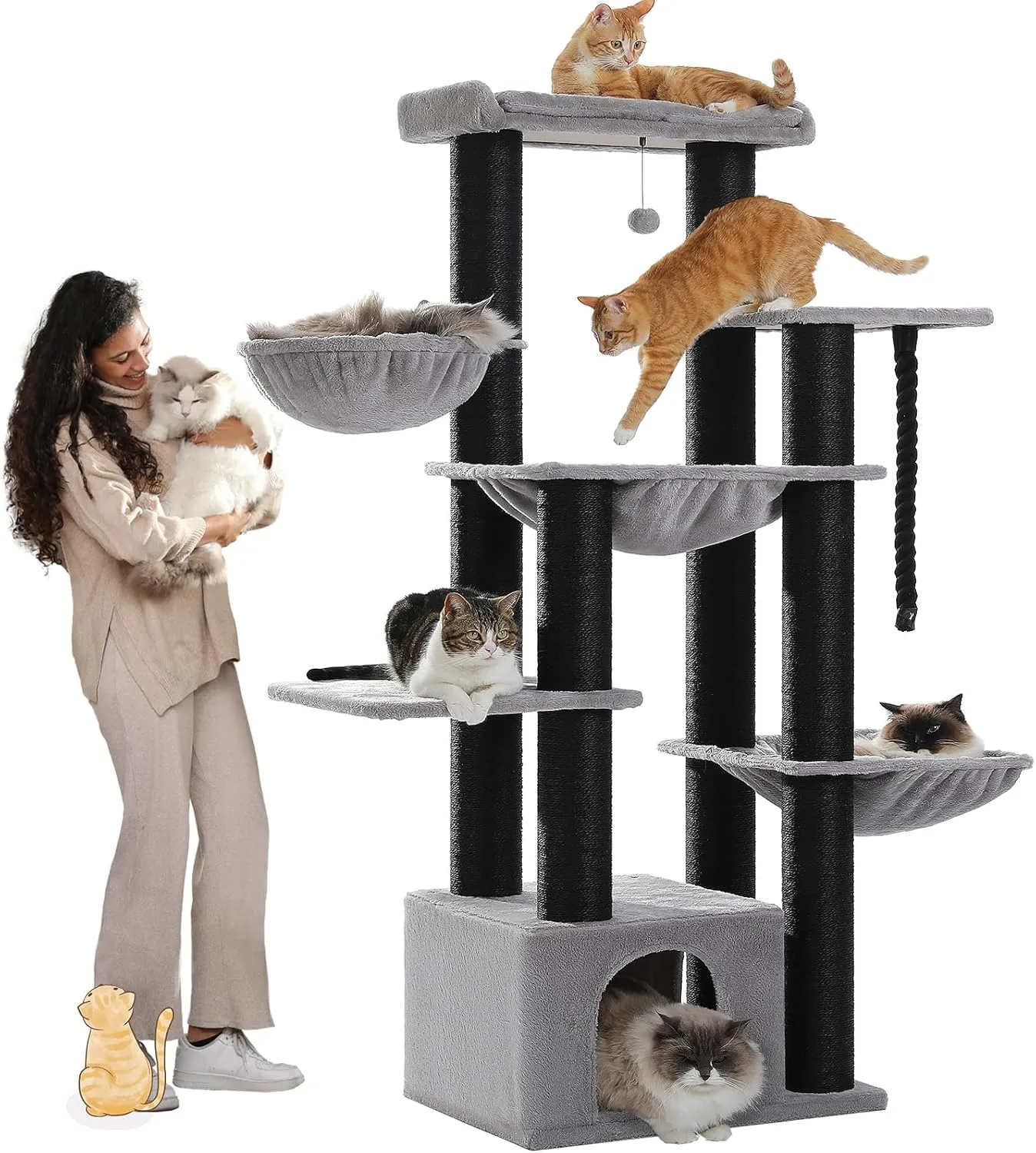 Large Cat Tree-67in Tall Cat Tower for Indoor Cats Large Adult with 13 Thick Black Scratching Posts (4.3in), Multi- Level Cat Condo, Super Big Perch & Hammocks for Maine Coon 20 lbs -Gray