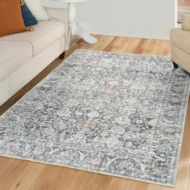 Machine Washable 5' x 7' Non-Slip Medium Area Rug for Living Room, Kitchen, Bedroom, Home Office - Vintage Farmhouse, Aria Collection (Navy Blue/Charcoal/Beige)