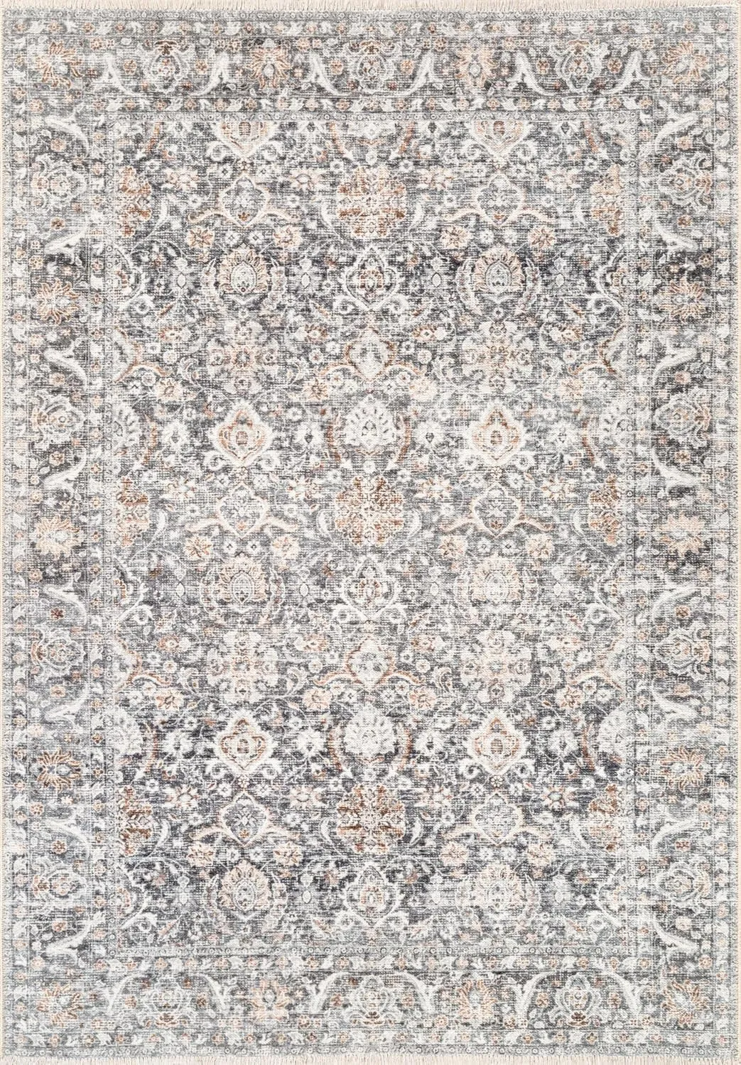 Machine Washable 5' x 7' Non-Slip Medium Area Rug for Living Room, Kitchen, Bedroom, Home Office - Vintage Farmhouse, Aria Collection (Navy Blue/Charcoal/Beige)