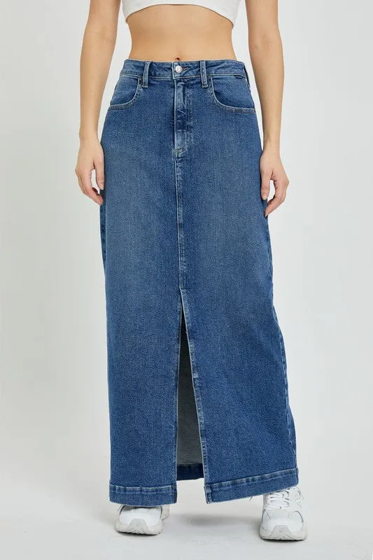 Mid Rise Denim Maxi Skirt