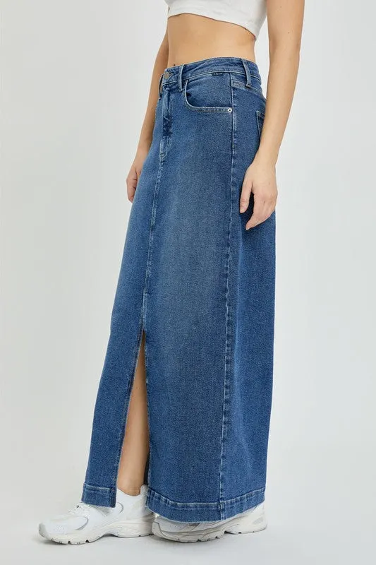 Mid Rise Denim Maxi Skirt