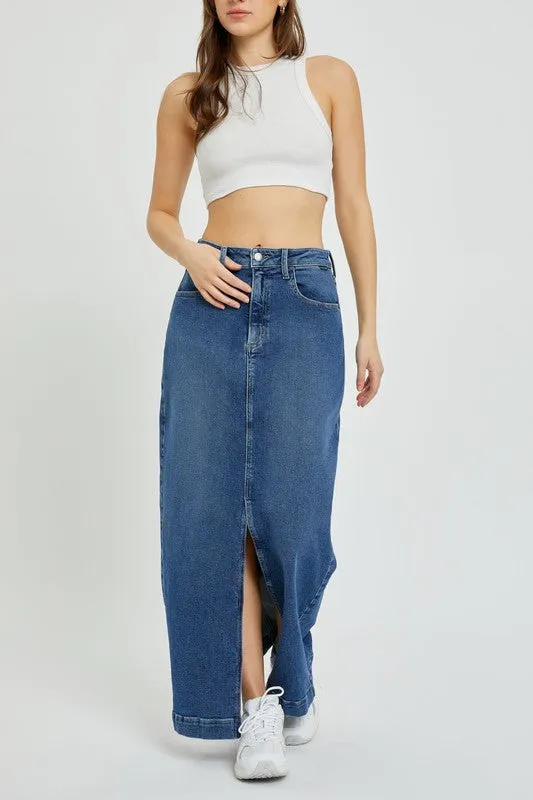 Mid Rise Denim Maxi Skirt