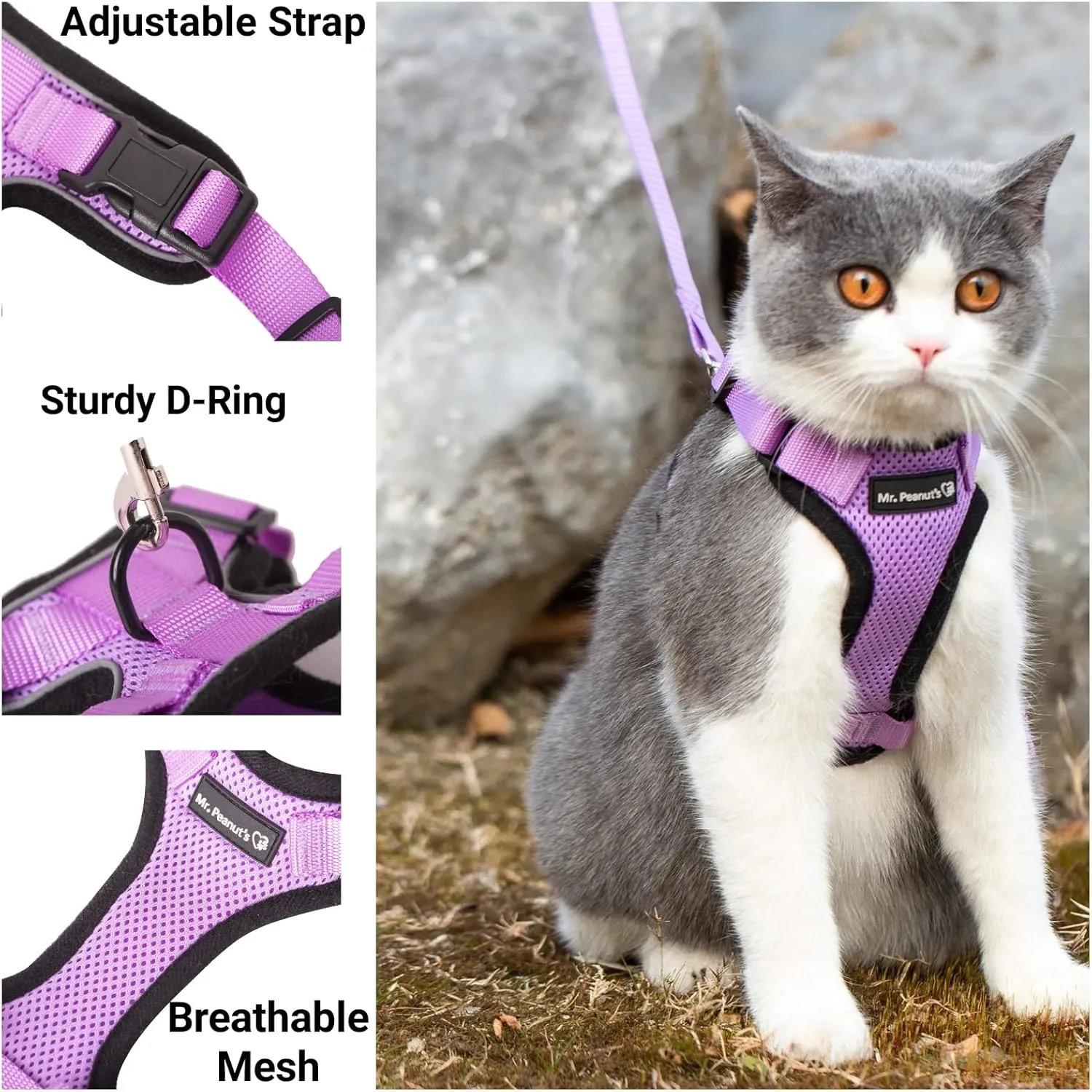 Mr. Peanut's PurrTrek Reflective Cat Harness with Matching Leash (Extra Small, Lilac)
