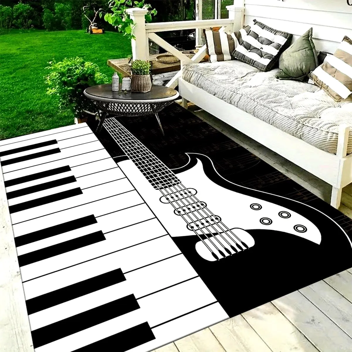 Musical Instrument Area Carpet, 3x5ft, Black White Piano Guitar Music Note Bedroom Rug, Low Pile Non-Shedding Pet Friendly Rugs, Reduce Noise Soft Cozy Floor Carpet for Sofa Dorm