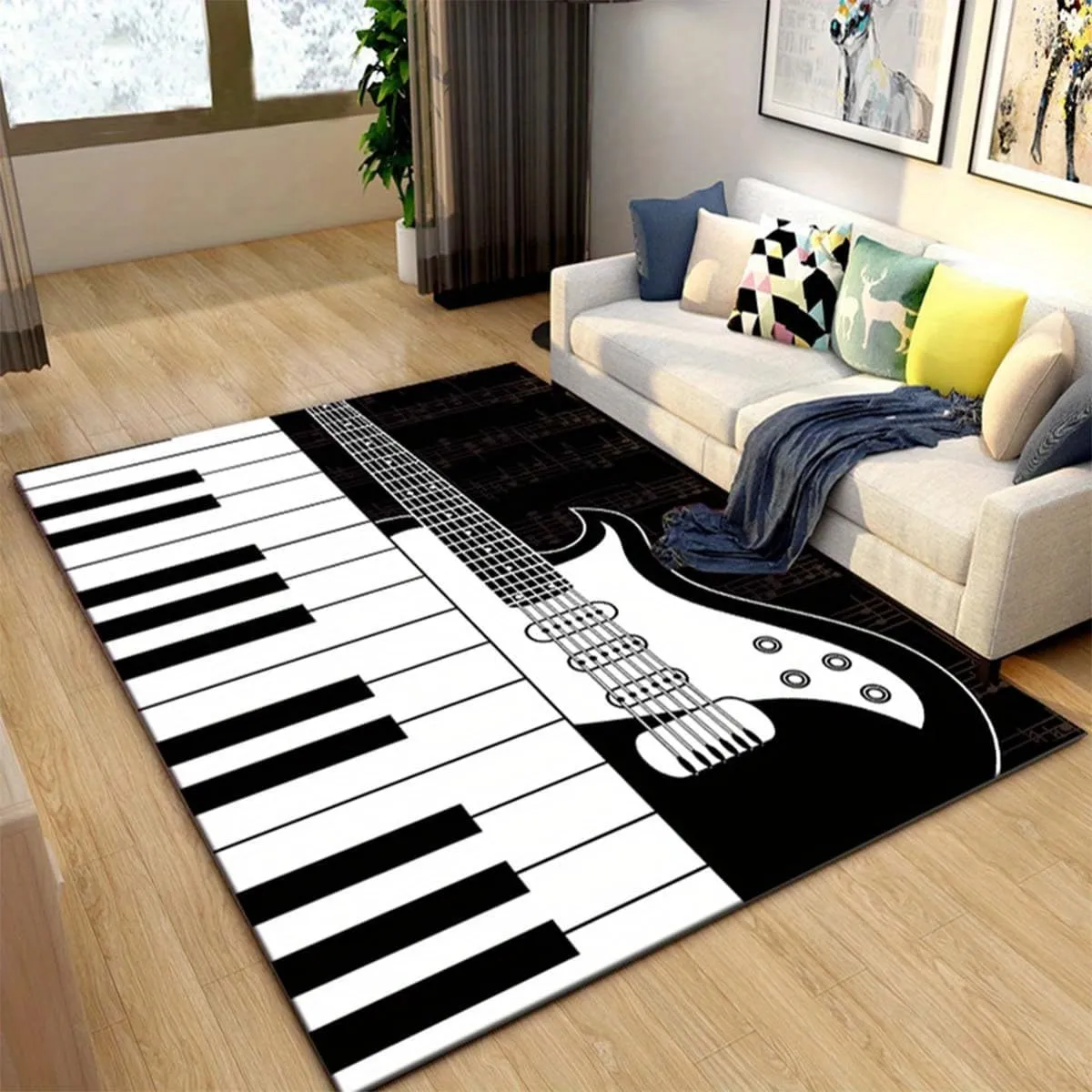 Musical Instrument Area Carpet, 3x5ft, Black White Piano Guitar Music Note Bedroom Rug, Low Pile Non-Shedding Pet Friendly Rugs, Reduce Noise Soft Cozy Floor Carpet for Sofa Dorm