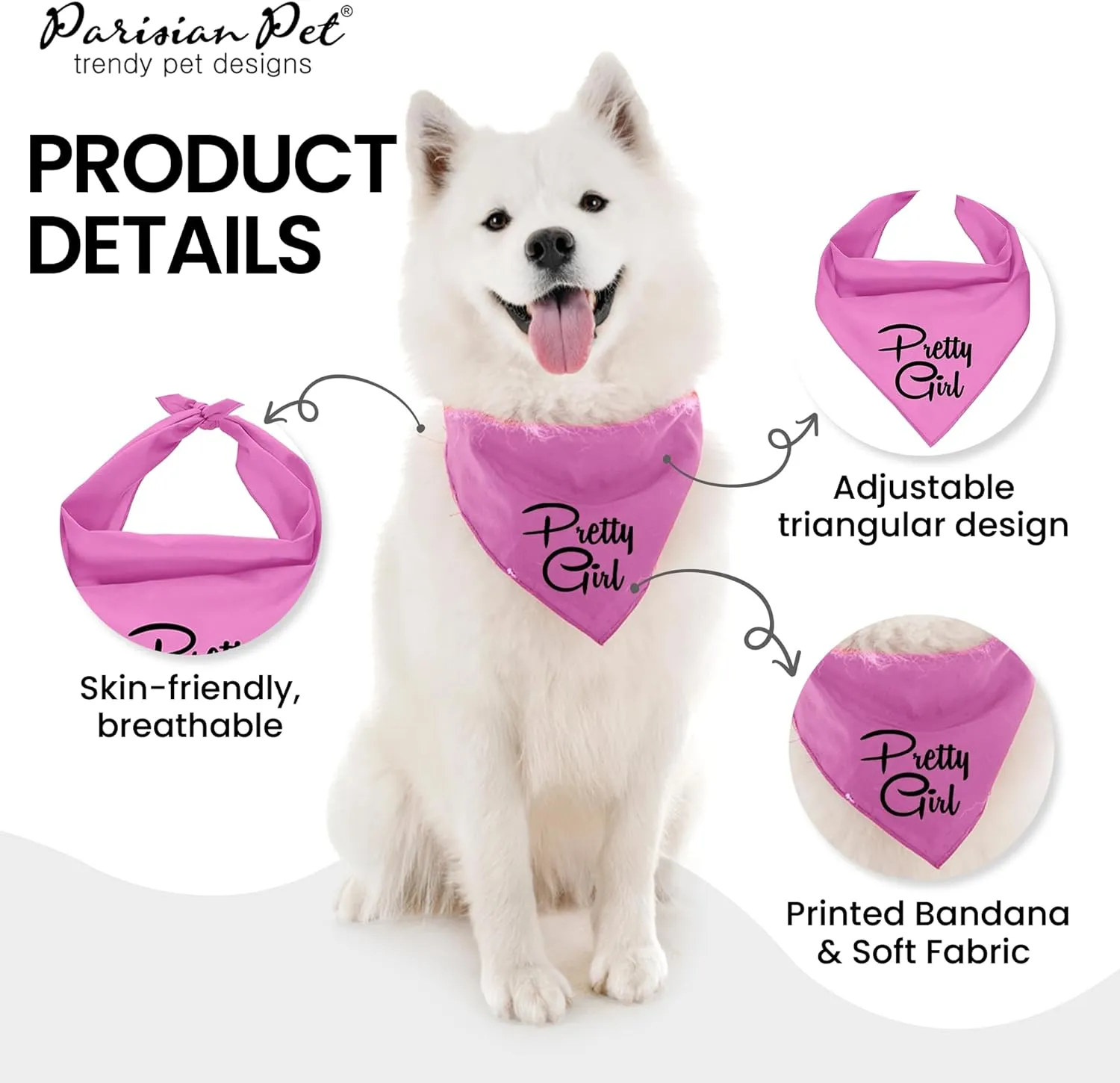 Parisian Pet Dog Bandanas Girl with Printed 'Pretty Girl' Word - Tie-On Adjustable Dog Scarf for Large Dogs Female - Triangle Pink Dog Bandana - Female Dog Bib, Handkerchief for Pets