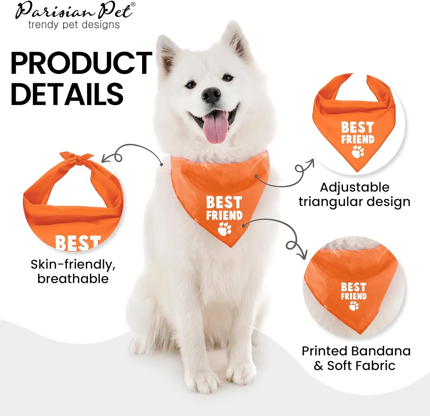 Parisian Pet Unisex Dog Bandanas with Printed 'Best Friend' Words -Tie-On Adjustable Polyester Dog Scarf for Large Dogs - Washable Triangle Dog Bib - Orange Handkerchief for Pets - L