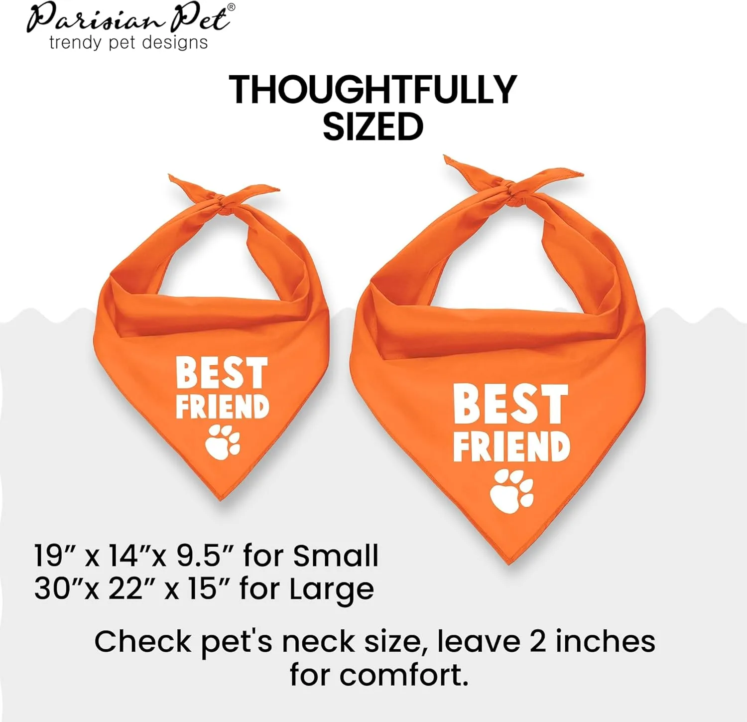 Parisian Pet Unisex Dog Bandanas with Printed 'Best Friend' Words -Tie-On Adjustable Polyester Dog Scarf for Large Dogs - Washable Triangle Dog Bib - Orange Handkerchief for Pets - L