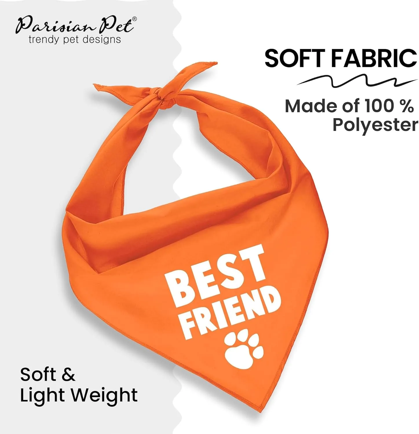 Parisian Pet Unisex Dog Bandanas with Printed 'Best Friend' Words -Tie-On Adjustable Polyester Dog Scarf for Large Dogs - Washable Triangle Dog Bib - Orange Handkerchief for Pets - L