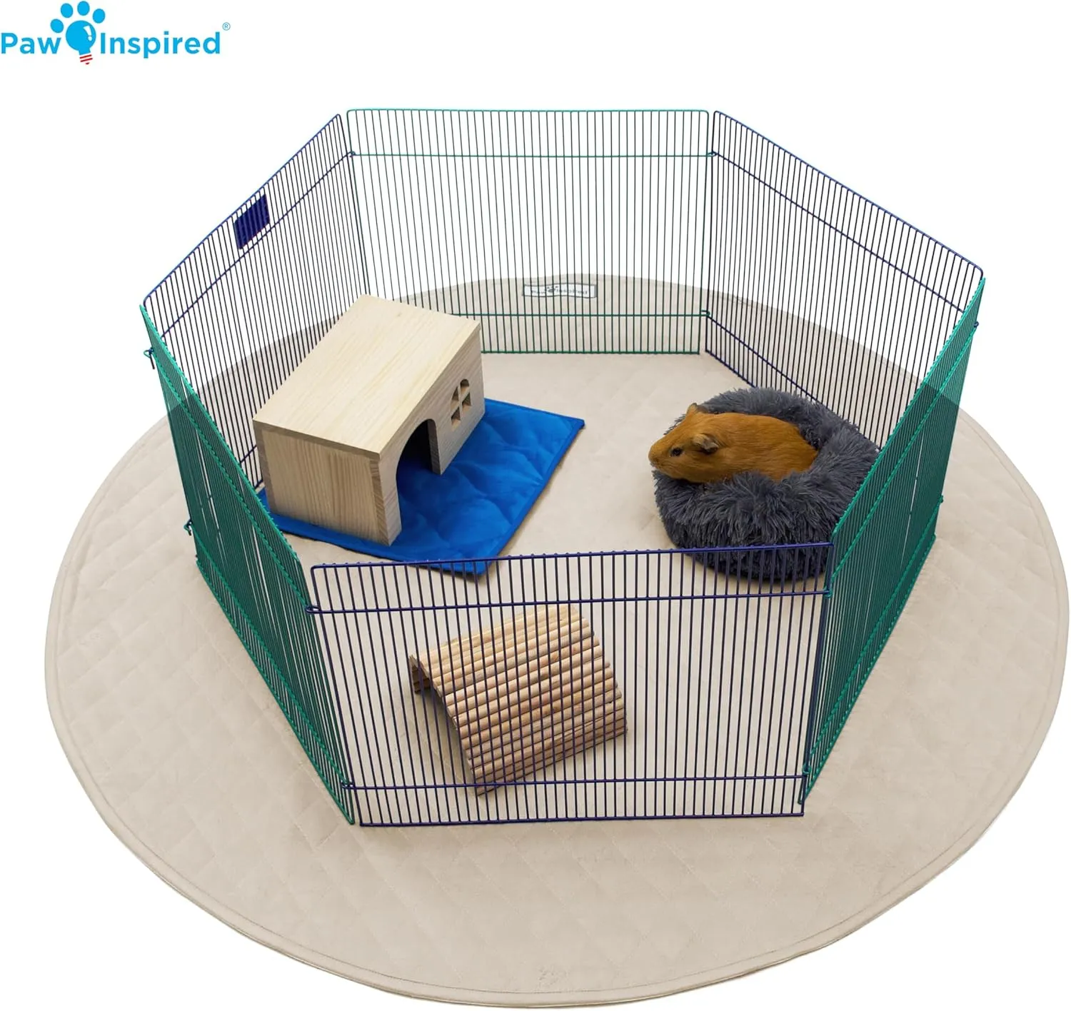 Paw Inspired 48" Round Playpen Mat | Super Absorbent Fleece Cage Liner with Non-Slip Bottom | Waterproof Pet Play Pen Pad for Dogs, Rabbits, Guinea Pigs, Hamsters, Small Animals (Beige)