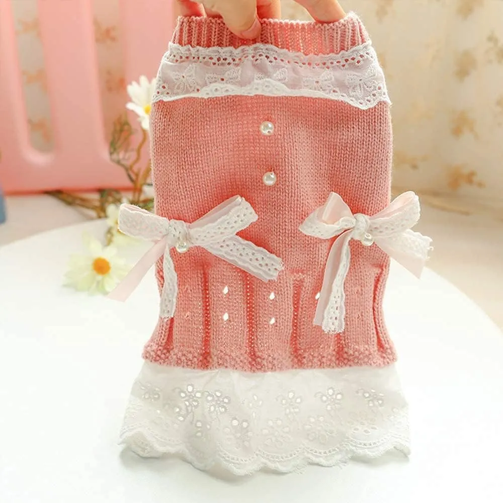 Pet Sweater Dress Small Dog Dress with Bow Female Warm Dog Princess Lace Dress Clothes Dachshund Chihuahua Corgi Cat Dress for Christmas Birthday Thanksgiving Day Valentines Day (Pink, Large)