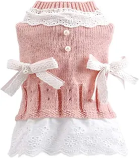 Pet Sweater Dress Small Dog Dress with Bow Female Warm Dog Princess Lace Dress Clothes Dachshund Chihuahua Corgi Cat Dress for Christmas Birthday Thanksgiving Day Valentines Day (Pink, Large)
