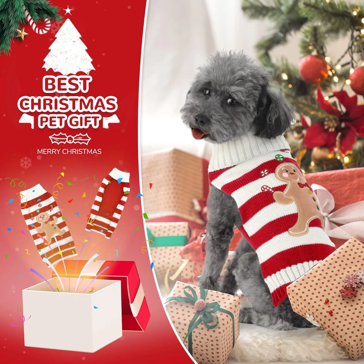 PETCARE Christmas Dog Costume Pet Dog Sweater Vest Cute Bear Red Striped Cat Sweaters Warm Winter Dog Clothes for Small Medium Large Dogs Cats Ugly Xmas Puppy Doggy Chihuahua Yorkie Outfits, Small