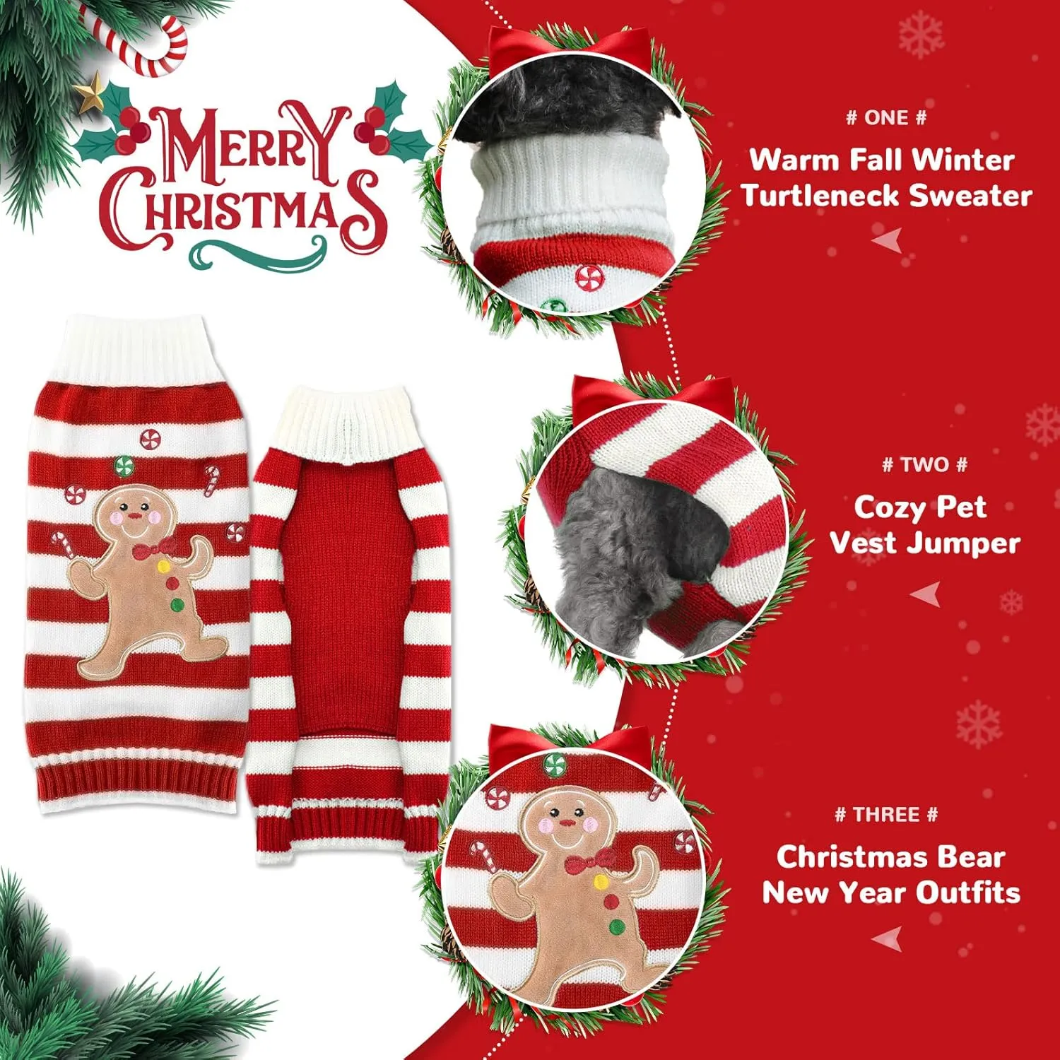PETCARE Christmas Dog Costume Pet Dog Sweater Vest Cute Bear Red Striped Cat Sweaters Warm Winter Dog Clothes for Small Medium Large Dogs Cats Ugly Xmas Puppy Doggy Chihuahua Yorkie Outfits, Small