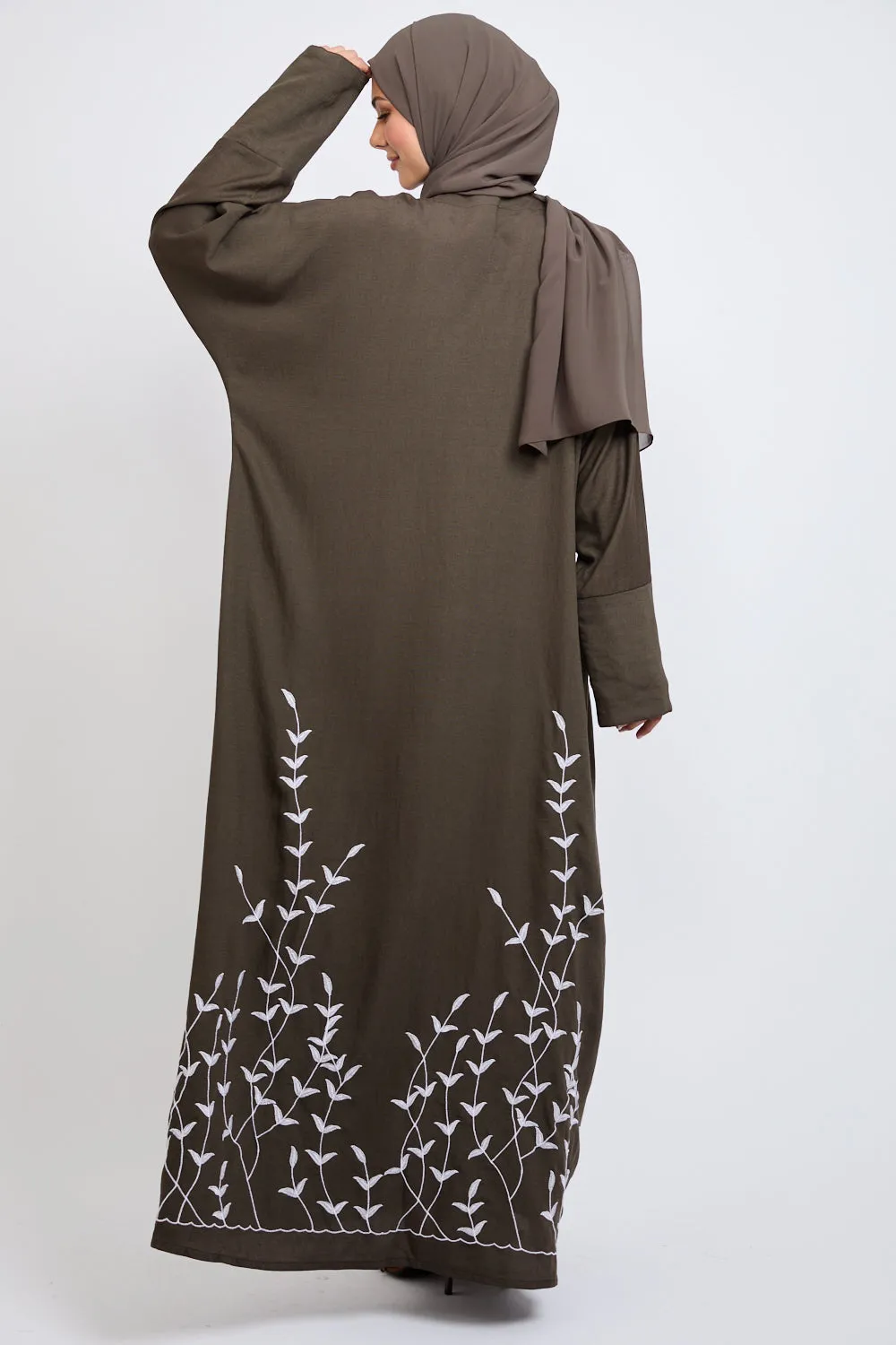 Premium Dahlia Embroidered Open Abaya - Vintage Khaki