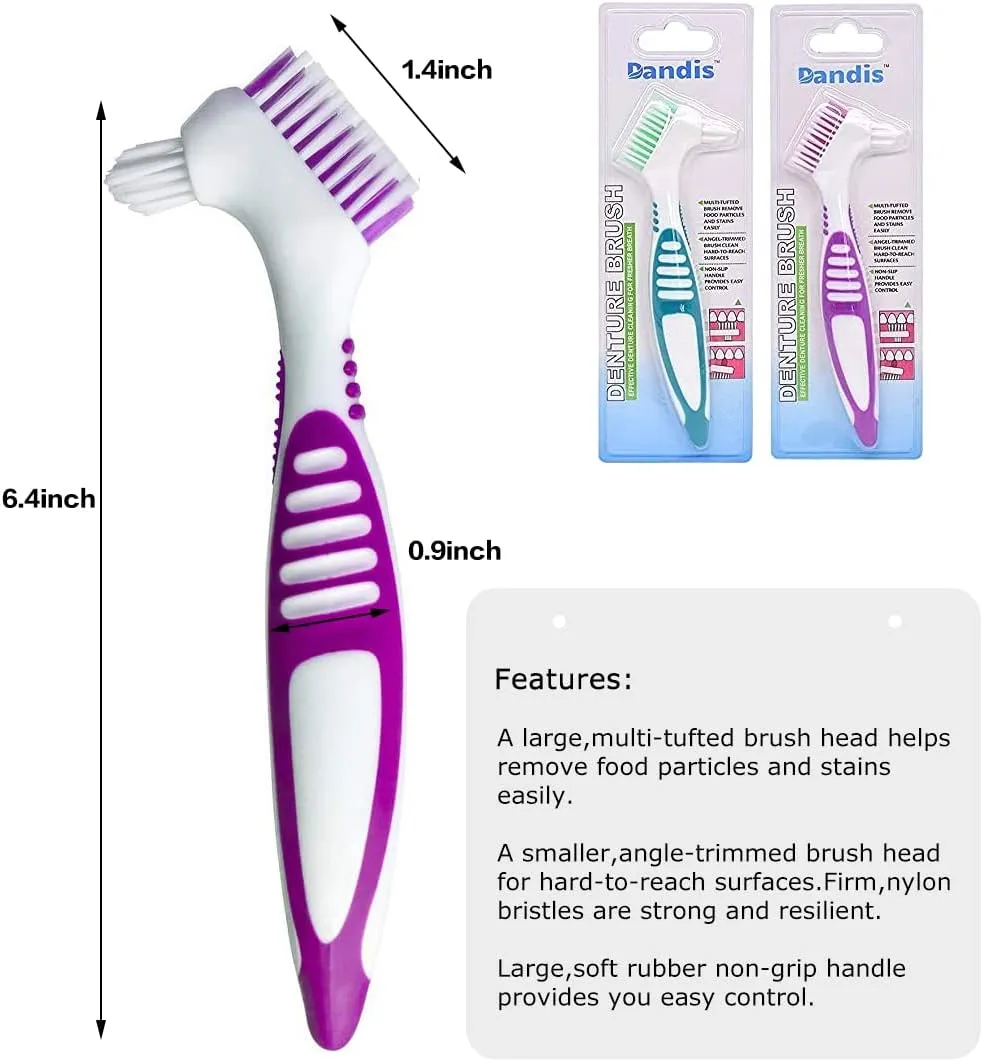 Premium Hygiene Denture Cleaning Brush Set, Multi-Layered Bristles & Ergonomic Rubber Handle, for Denture Care(Purple & Green)