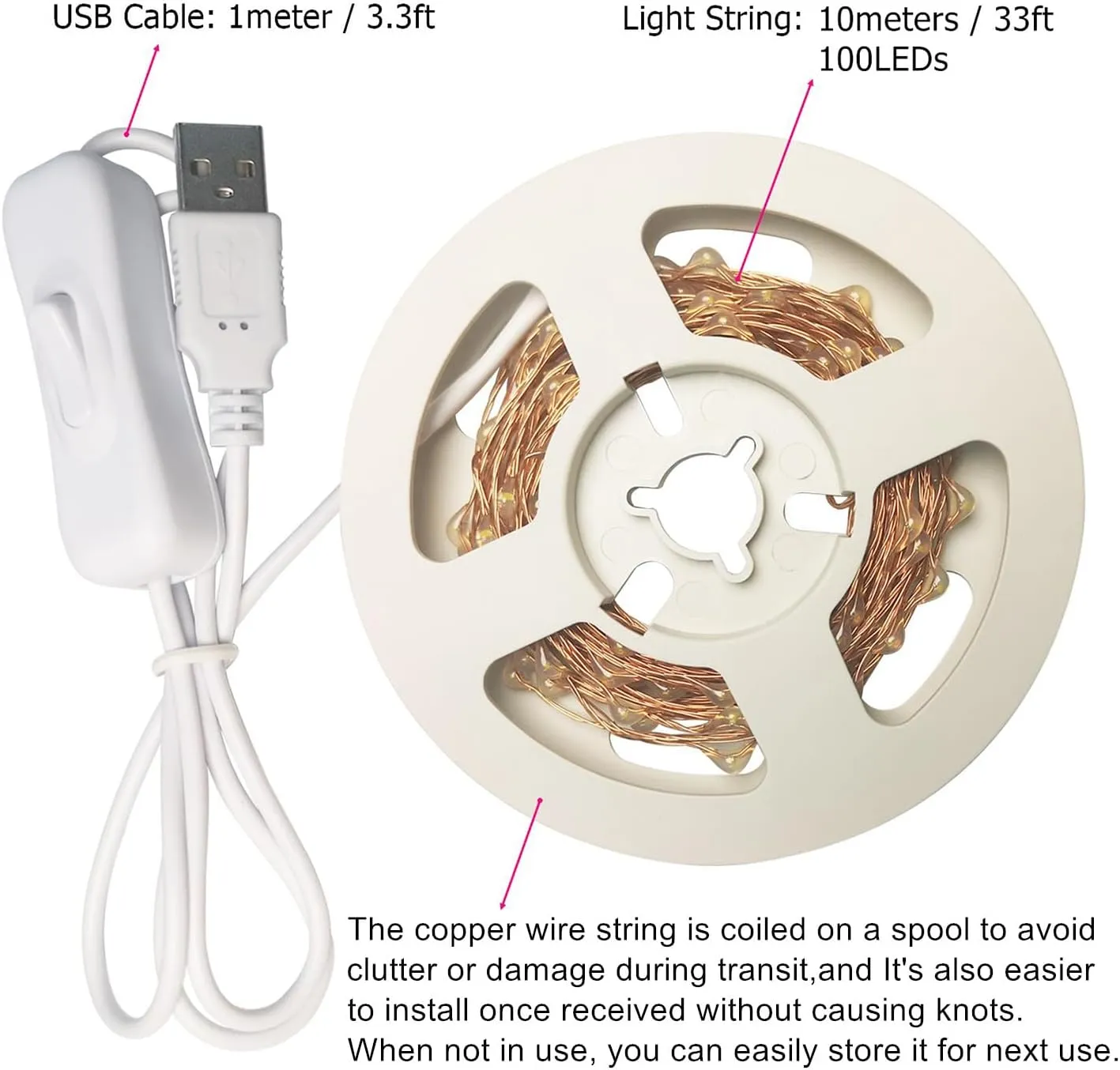 RUICHEN Copper Wire 33 Ft 100 LED USB Fairy String Lights with On/Off Switch, Multicolor