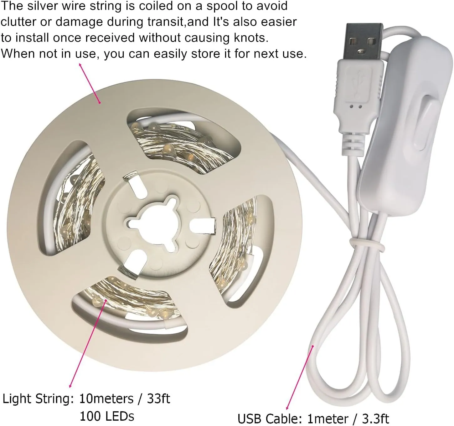RUICHEN Silver Wire 33 Ft 100 LED USB Fairy String Lights with On/Off Switch (Multicolor)