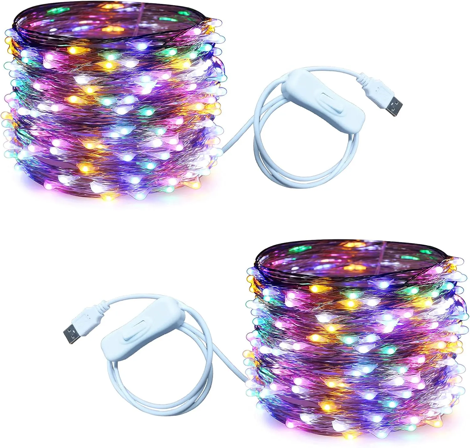 RUICHEN USB Fairy Lights 66 Ft 200 LED String Lights with On/Off Switch (Multicolor, 2 Pack)