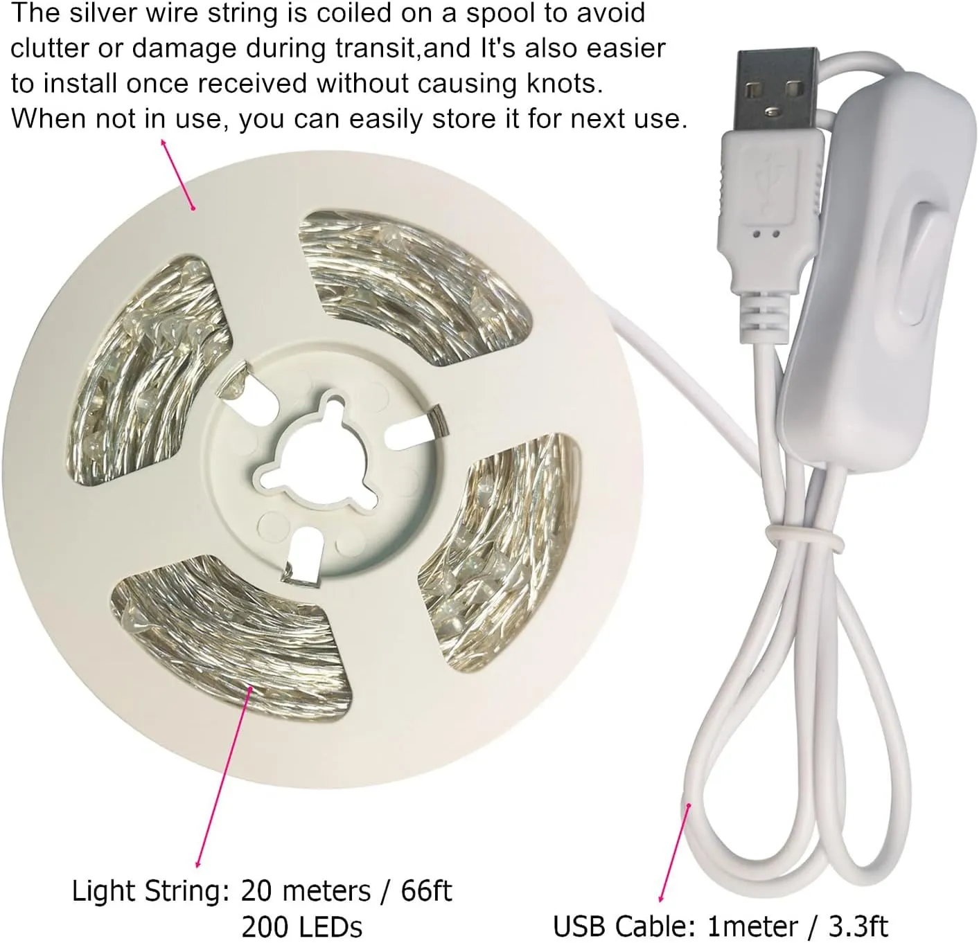 RUICHEN USB Fairy Lights 66 Ft 200 LED String Lights with On/Off Switch (Multicolor, 2 Pack)