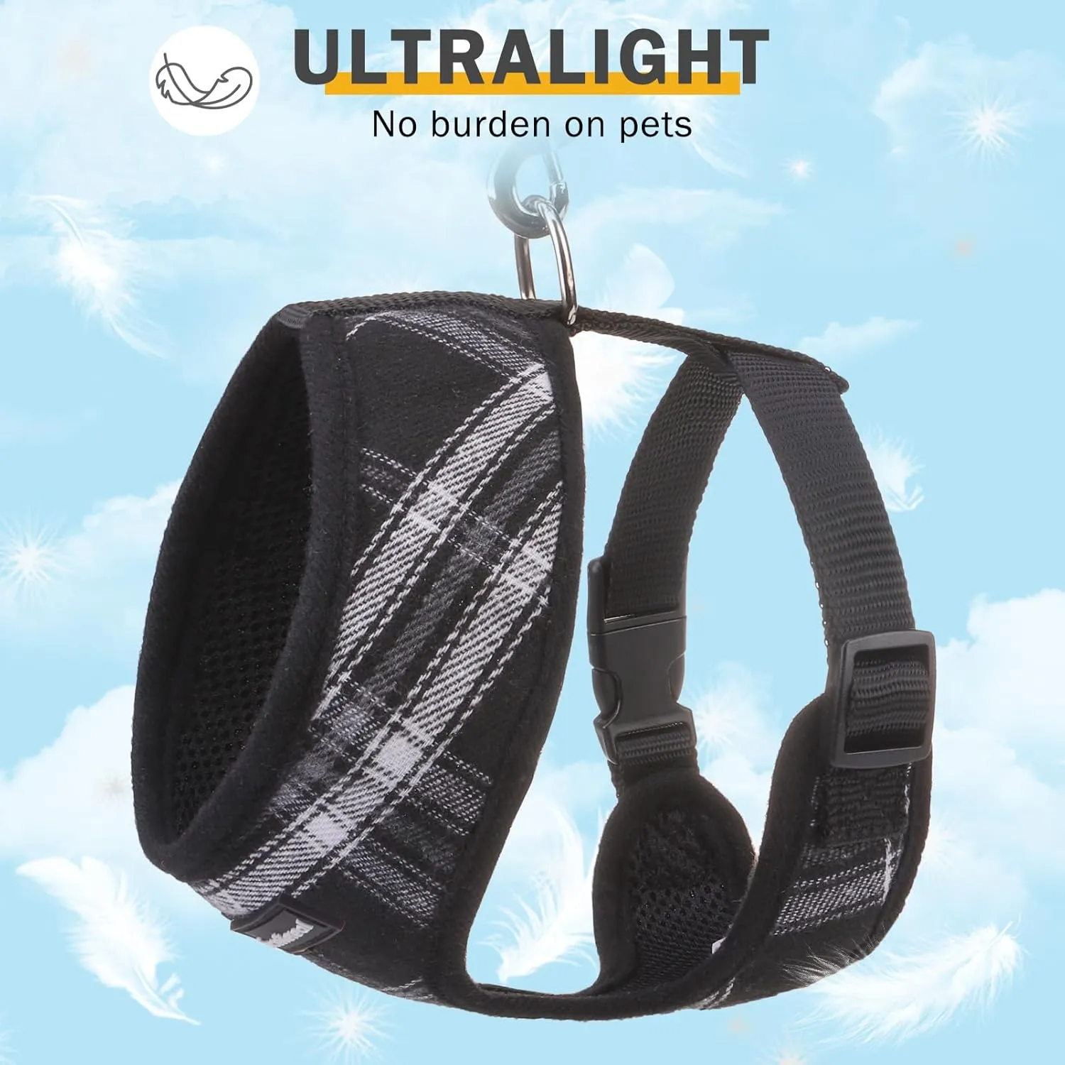 SCENEREAL No Pull Dog Harness Collar and Leash Set Small Medium Sized Dog, Soft Mesh Step in Puppy Harnesses, No Chock Plaid Adjustible Pet Vest for Outdoor Walking Training and Running, Black S