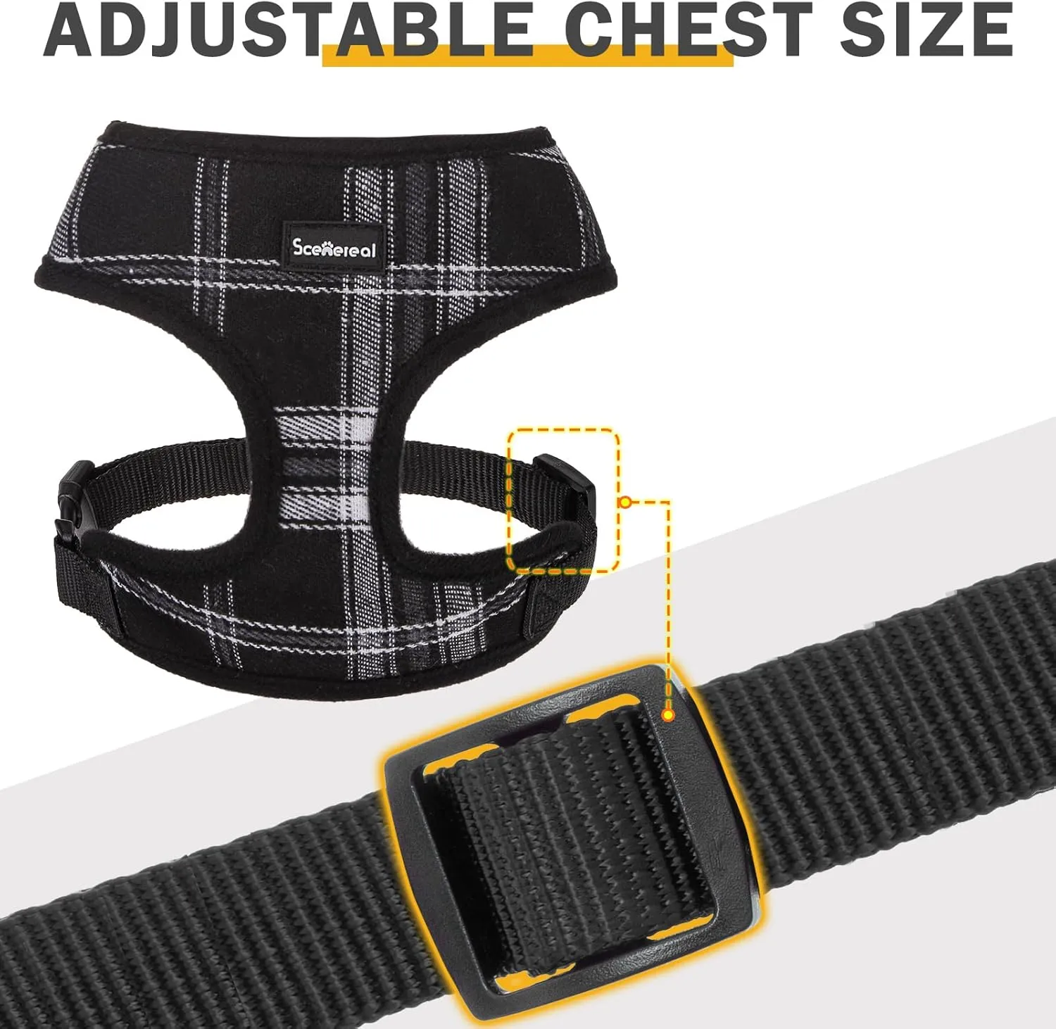 SCENEREAL No Pull Dog Harness Collar and Leash Set Small Medium Sized Dog, Soft Mesh Step in Puppy Harnesses, No Chock Plaid Adjustible Pet Vest for Outdoor Walking Training and Running, Black S